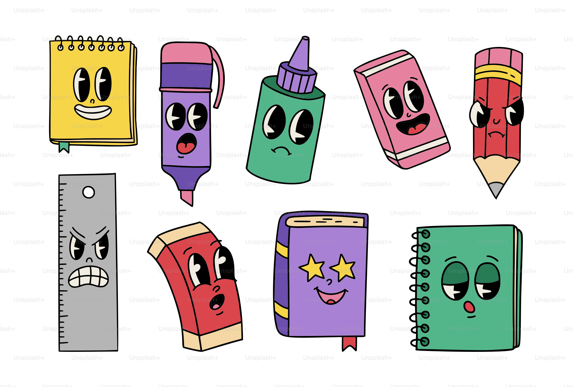 Cartoon school supplies with expressive faces