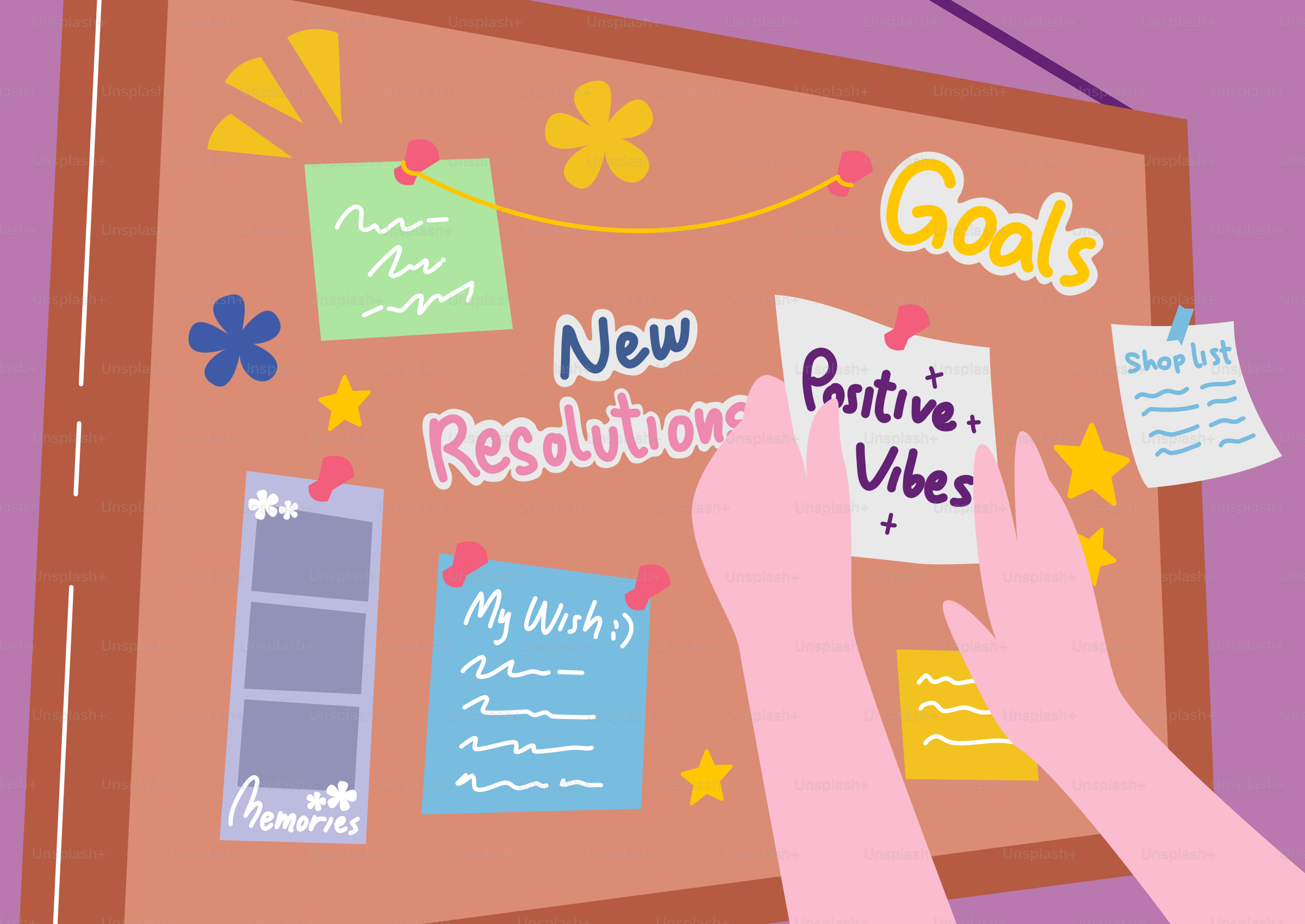 Des mains épinglant des notes sur un tableau en liège avec des buts.