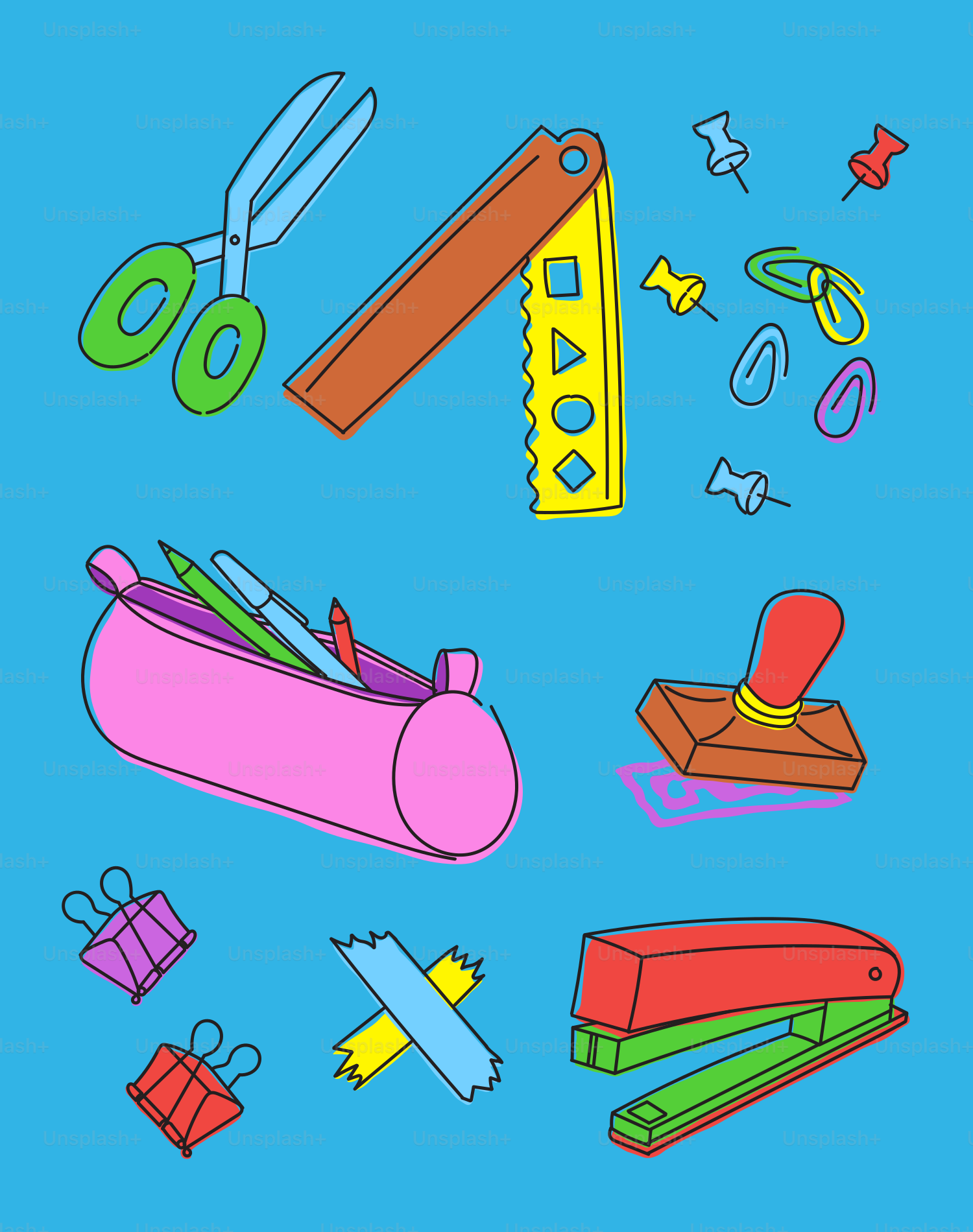 Divers fournitures scolaires colorées éparpillées sur un fond bleu