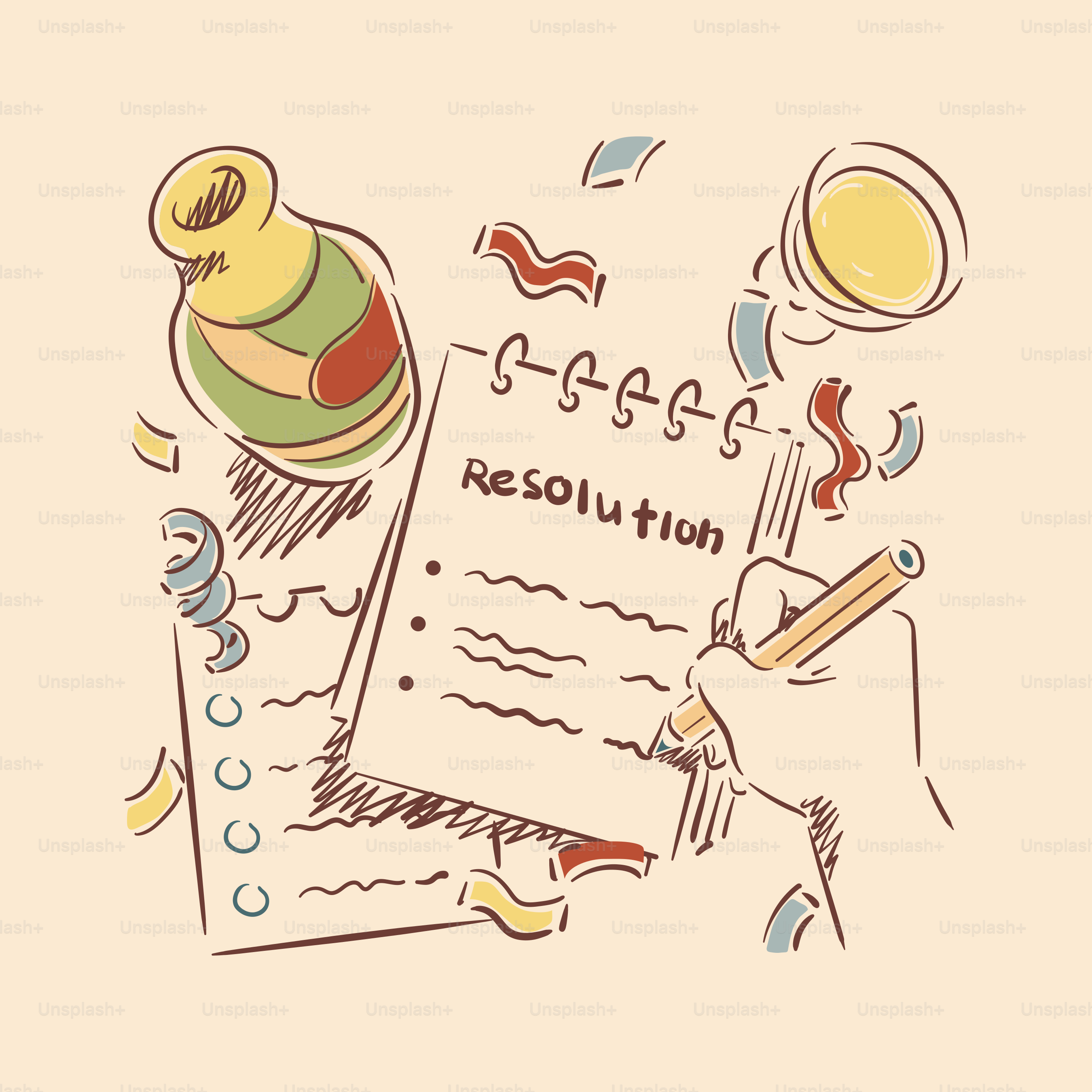 紙吹雪とシャンパンで新年の抱負を手書きで書いています。