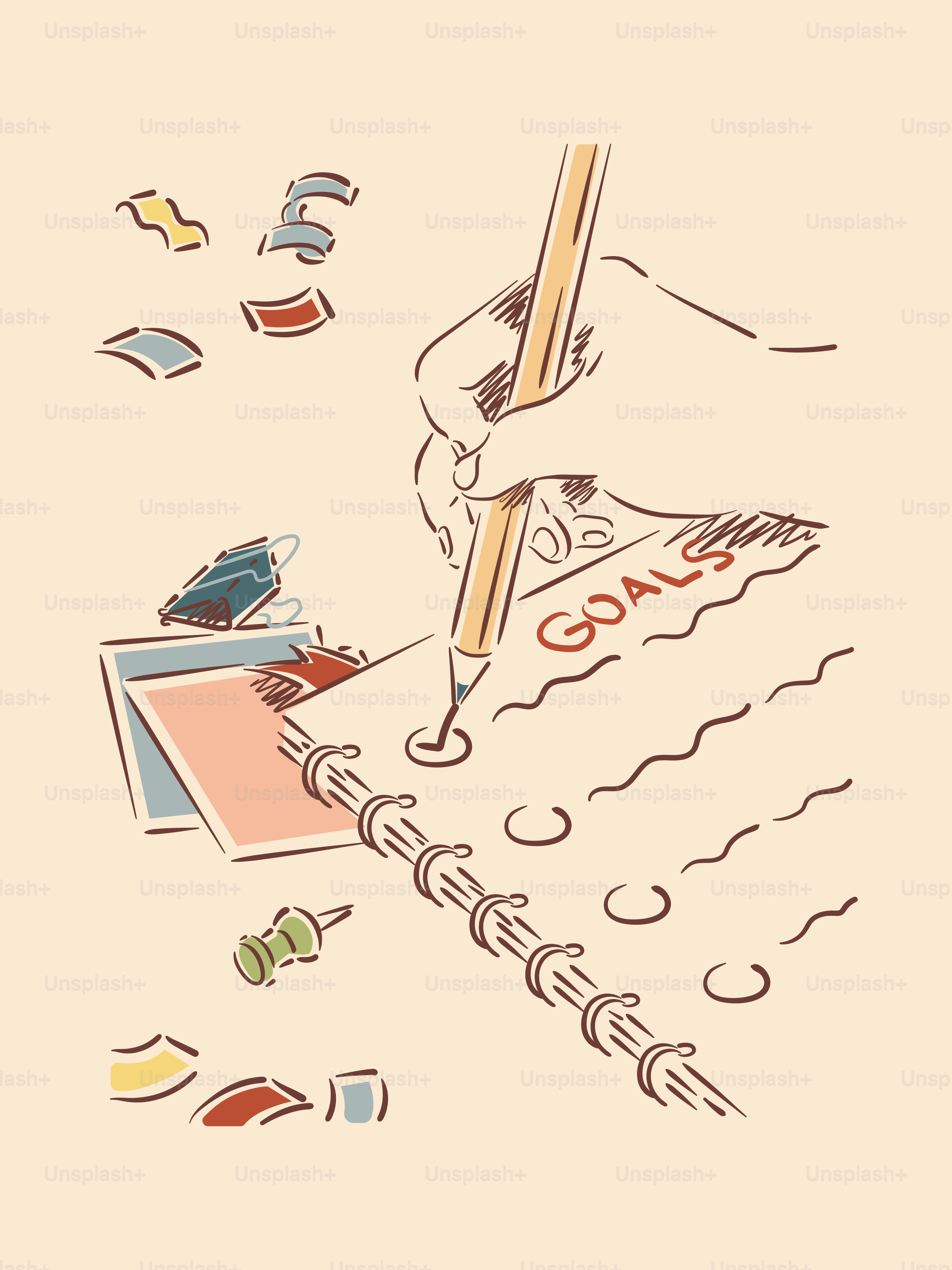 ノートに手書きの目標を書き、事務用品と一緒に書きましょう。