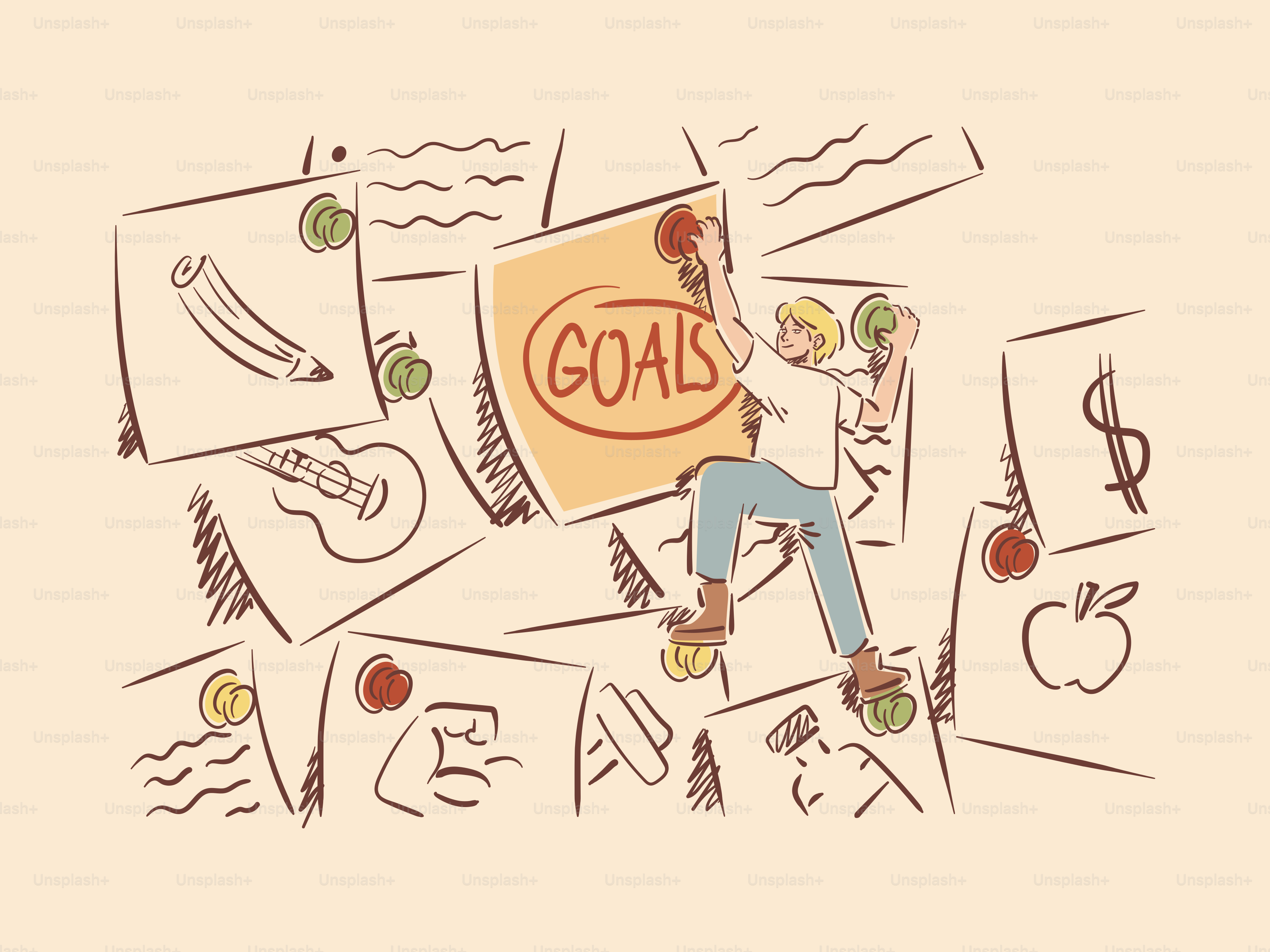 目標に向かって付箋に登る男。