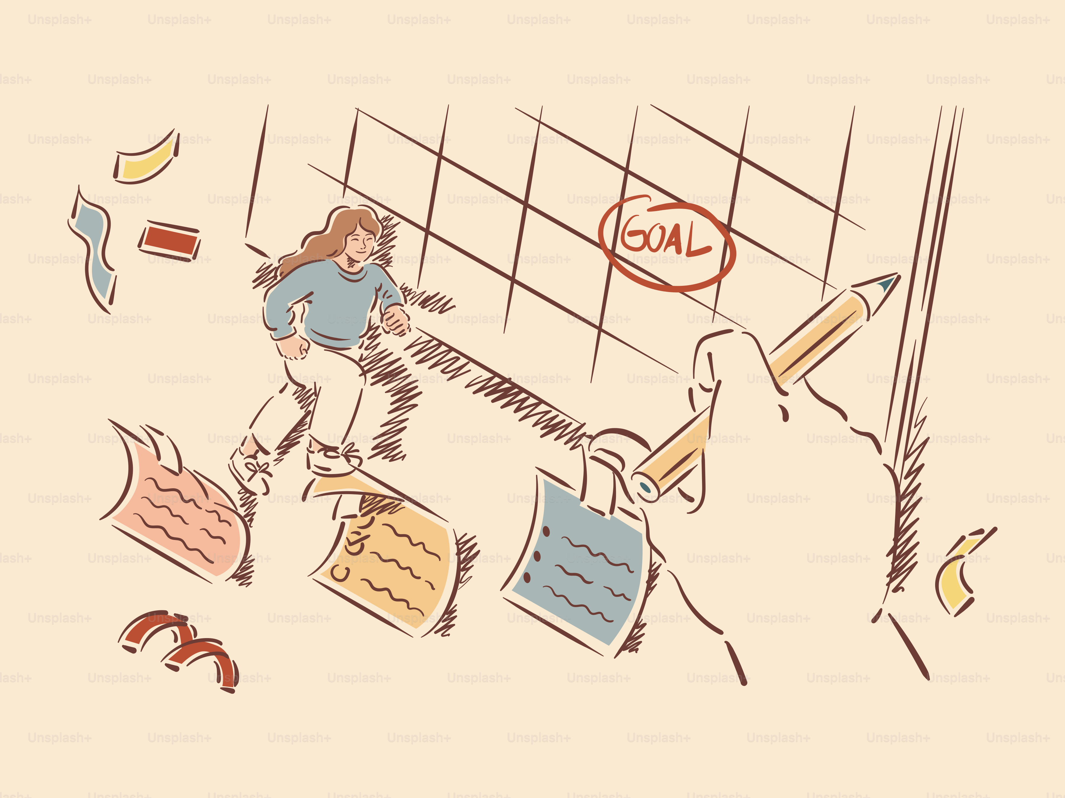 Woman running on a grid towards a circled goal.