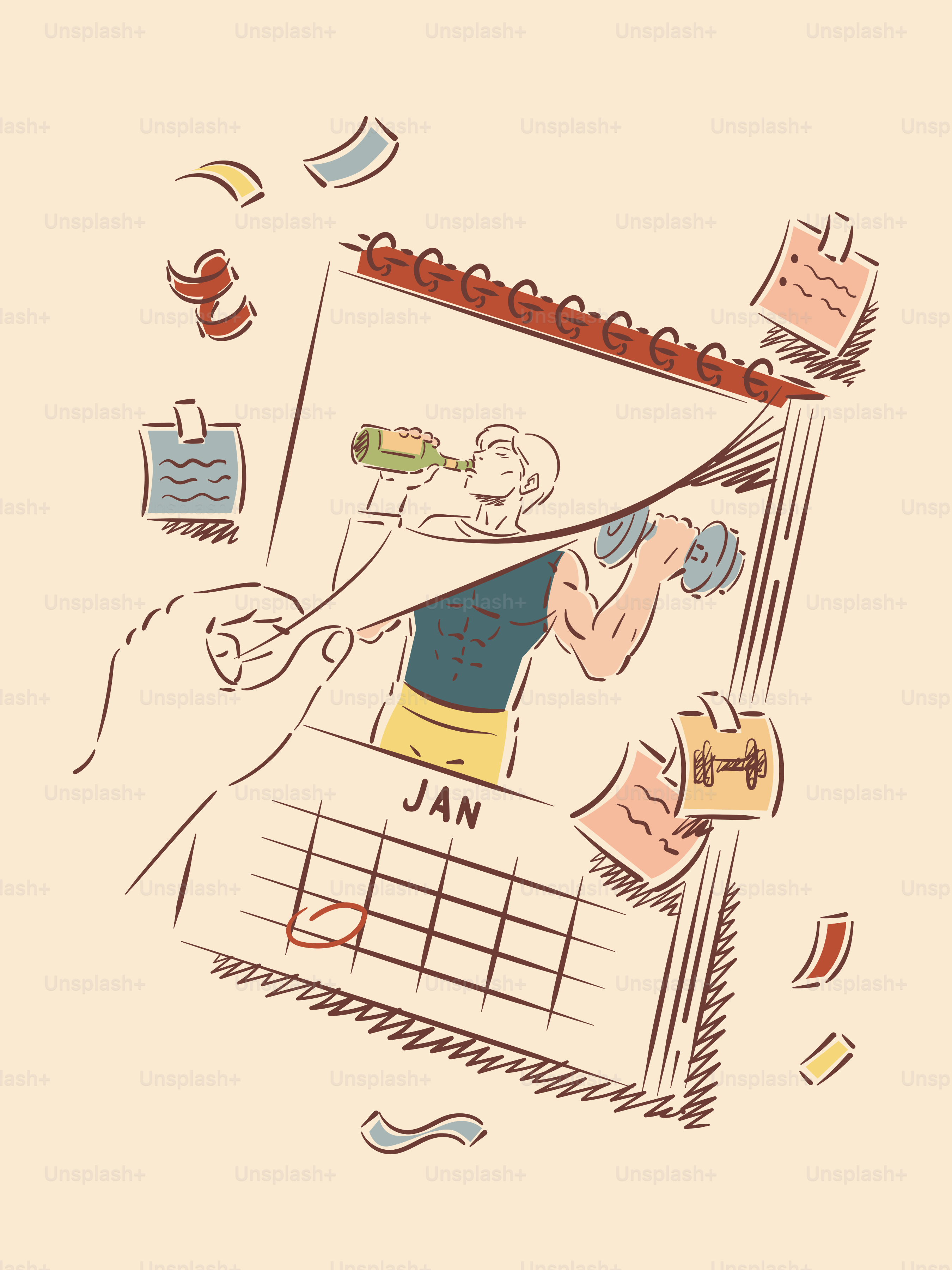 カレンダーでダンベルを持ち上げながらワインを飲む男性