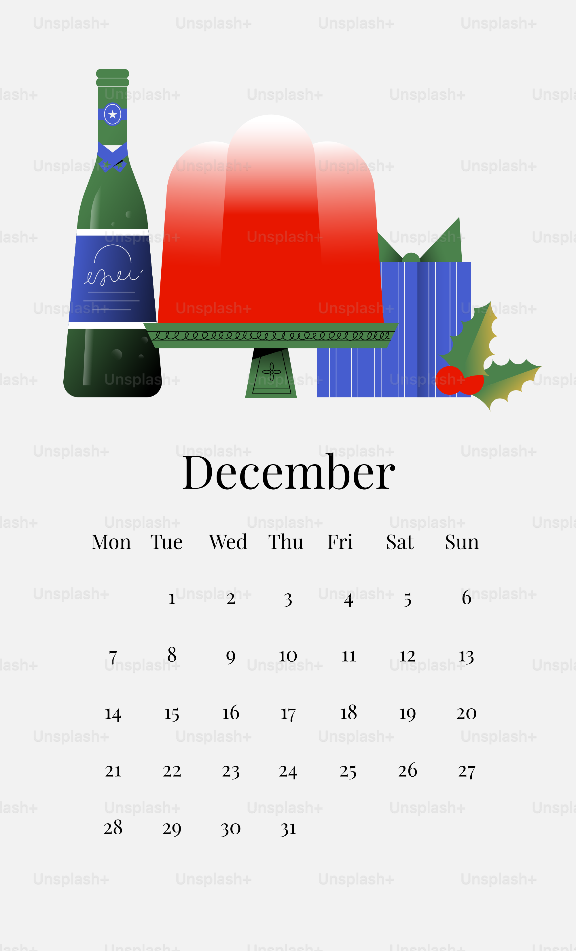 December calendar with festive holiday items