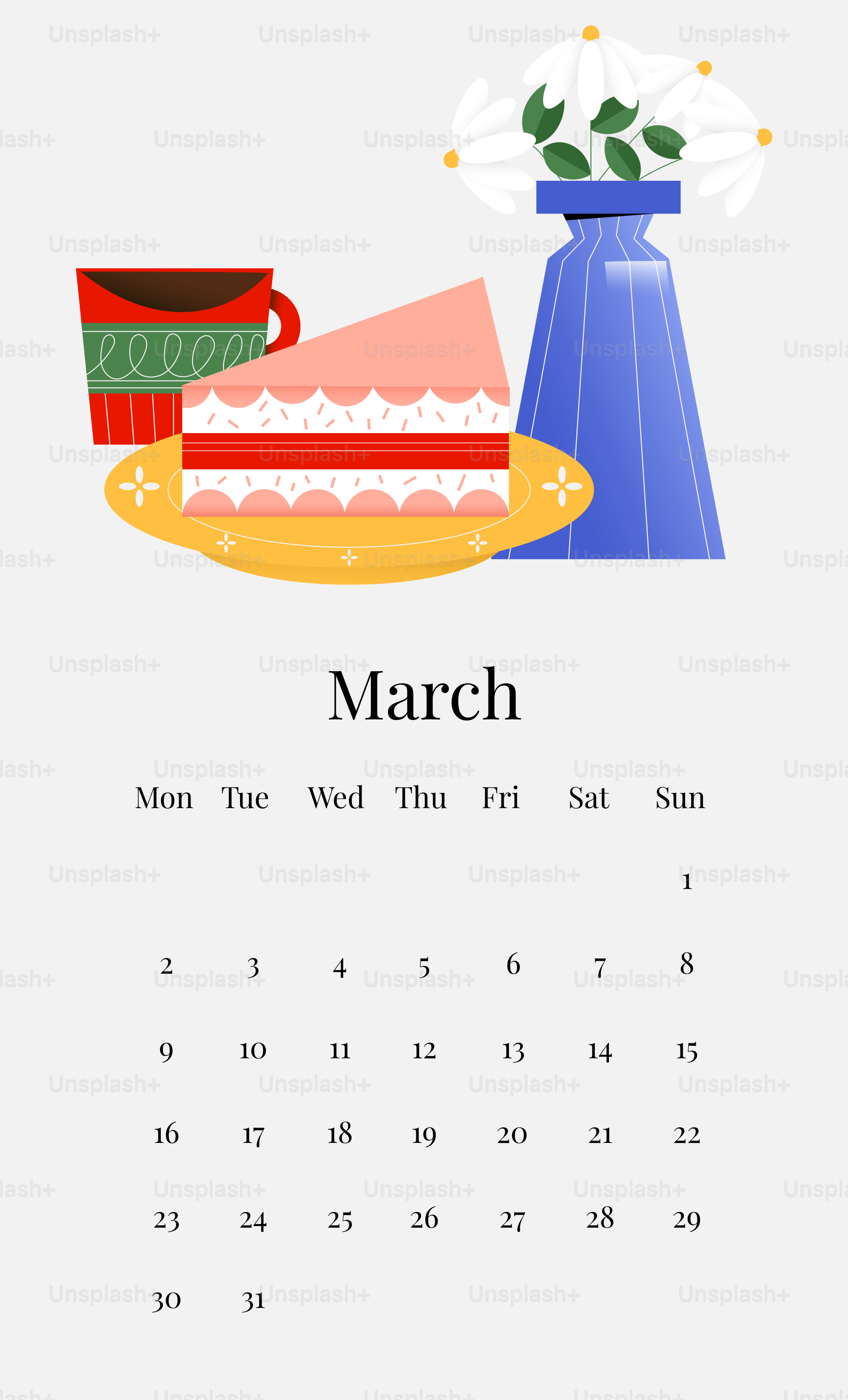 Slice of cake and coffee with flowers and march calendar.
