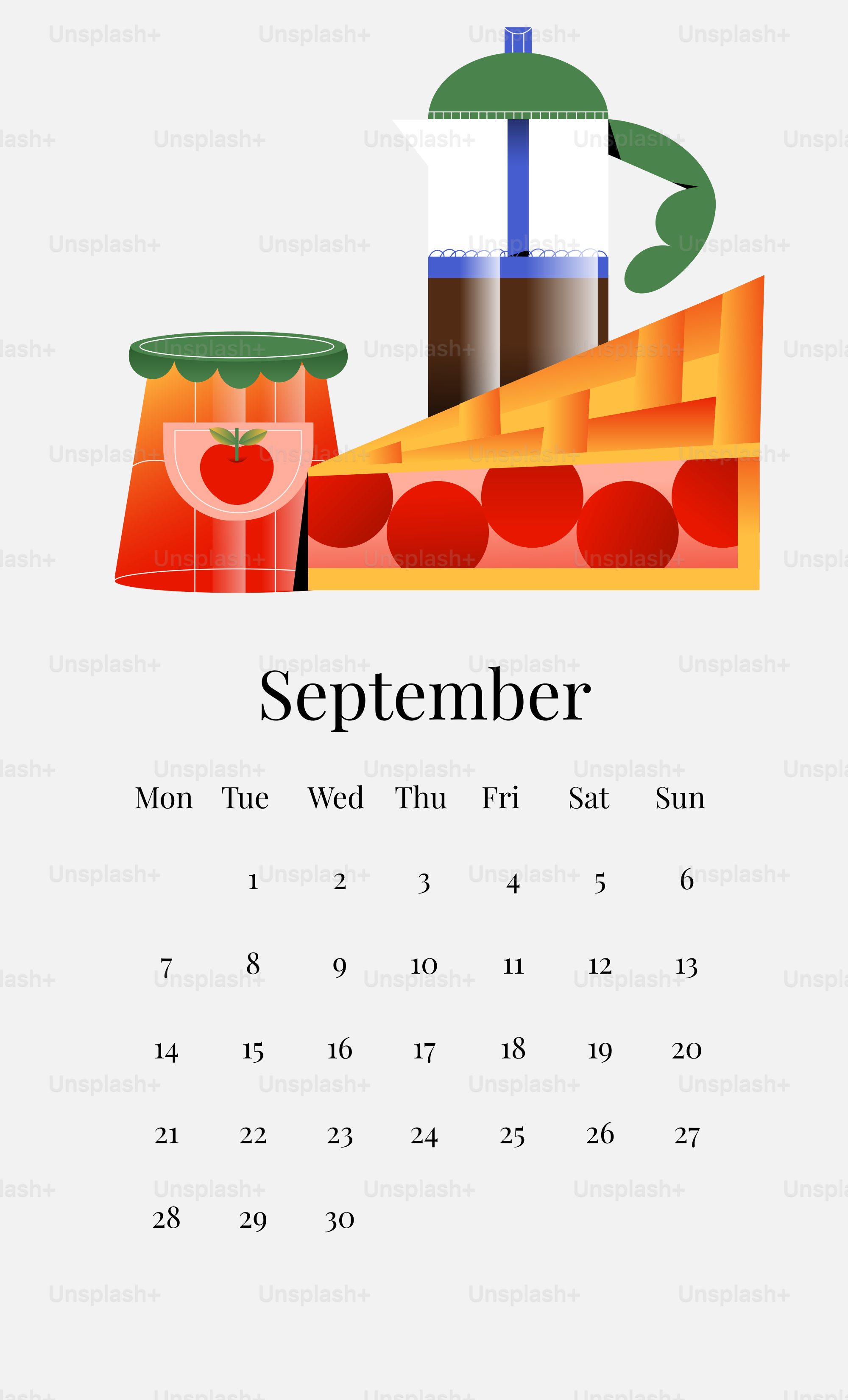 Una porción de tarta con tarro de mermelada y prensa francesa.