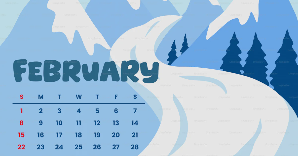 February End February calendar with snowy mountain landscape vector – Spring Image ...