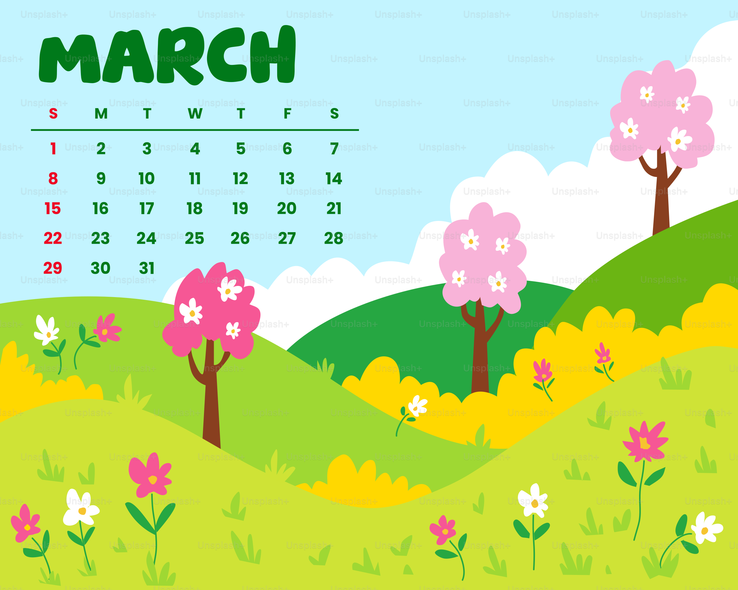 March calendar with spring landscape and blooming trees.