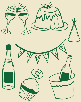 Célébration du Nouvel An avec pudding, champagne et cupcake.