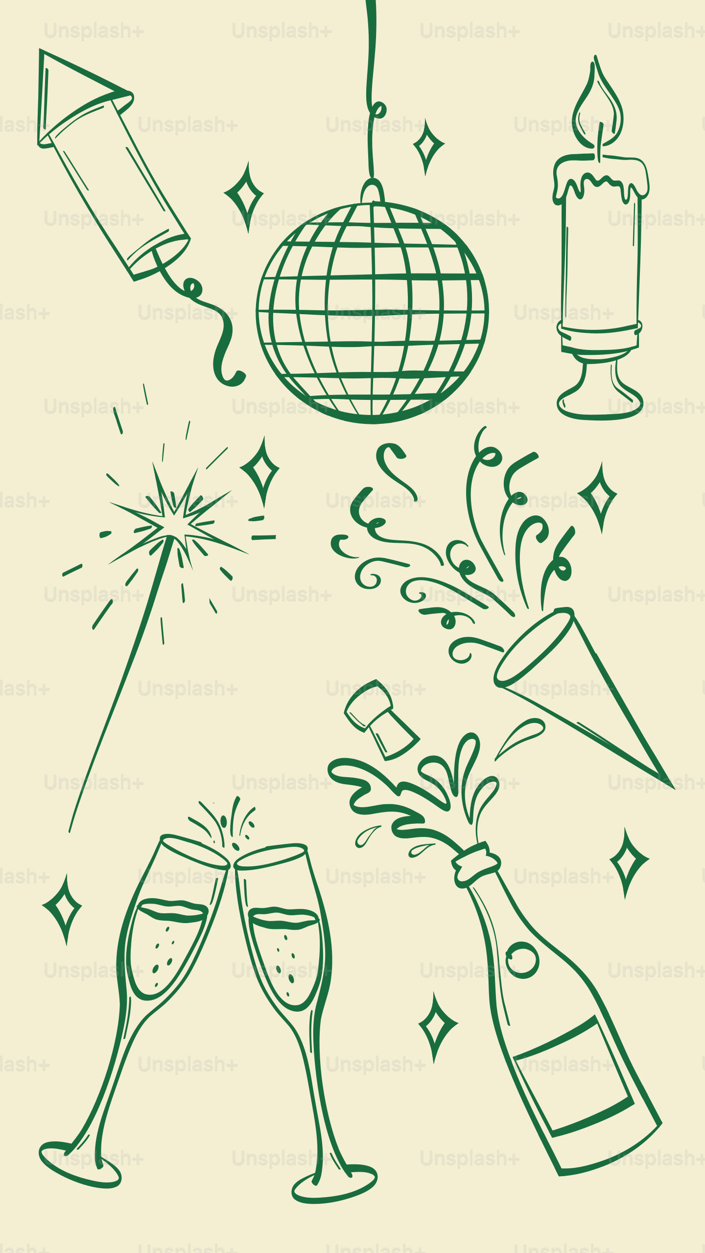 Celebration elements: champagne, firework, disco ball, candle, candle