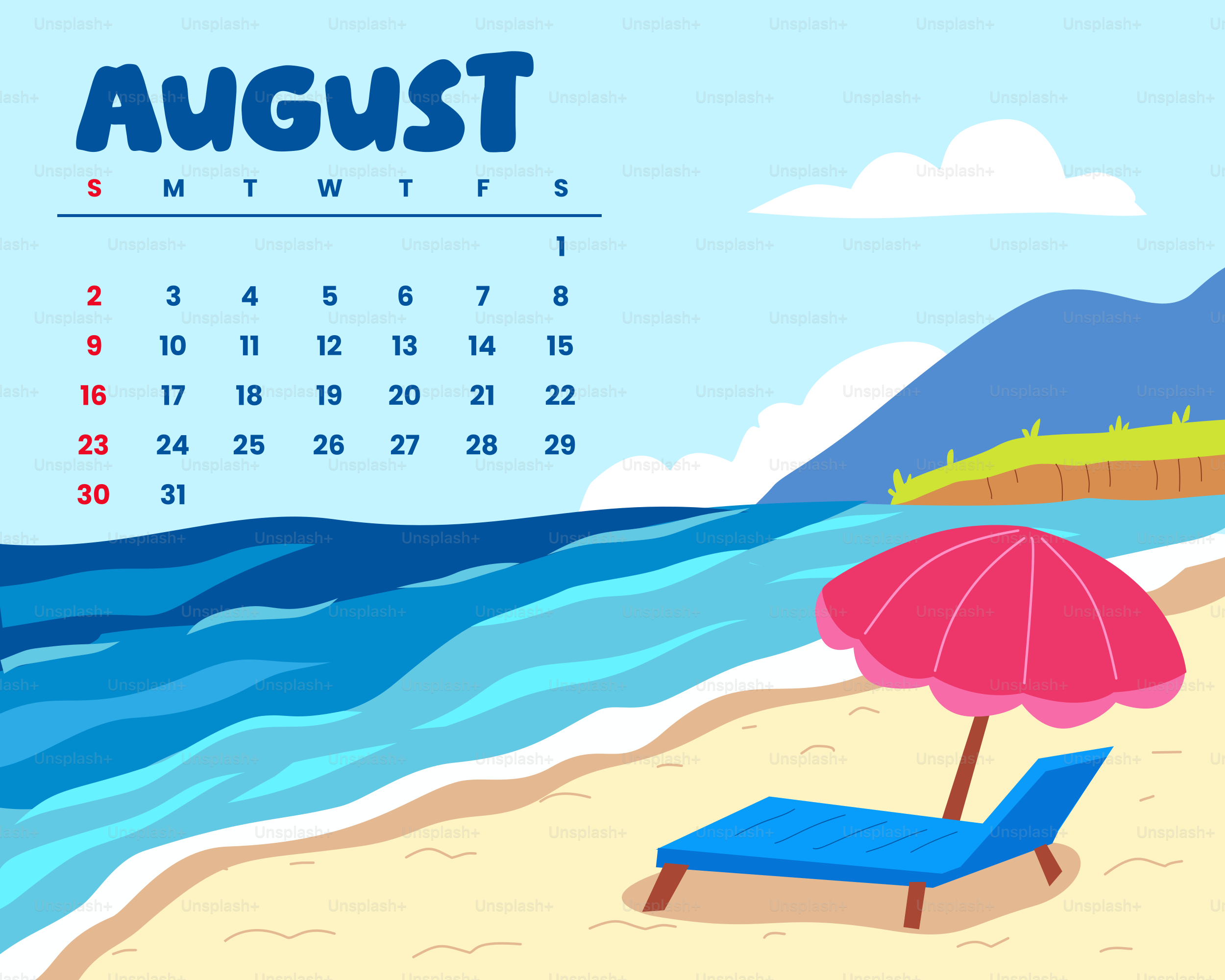 August calendar on a beach with umbrella and umbrella