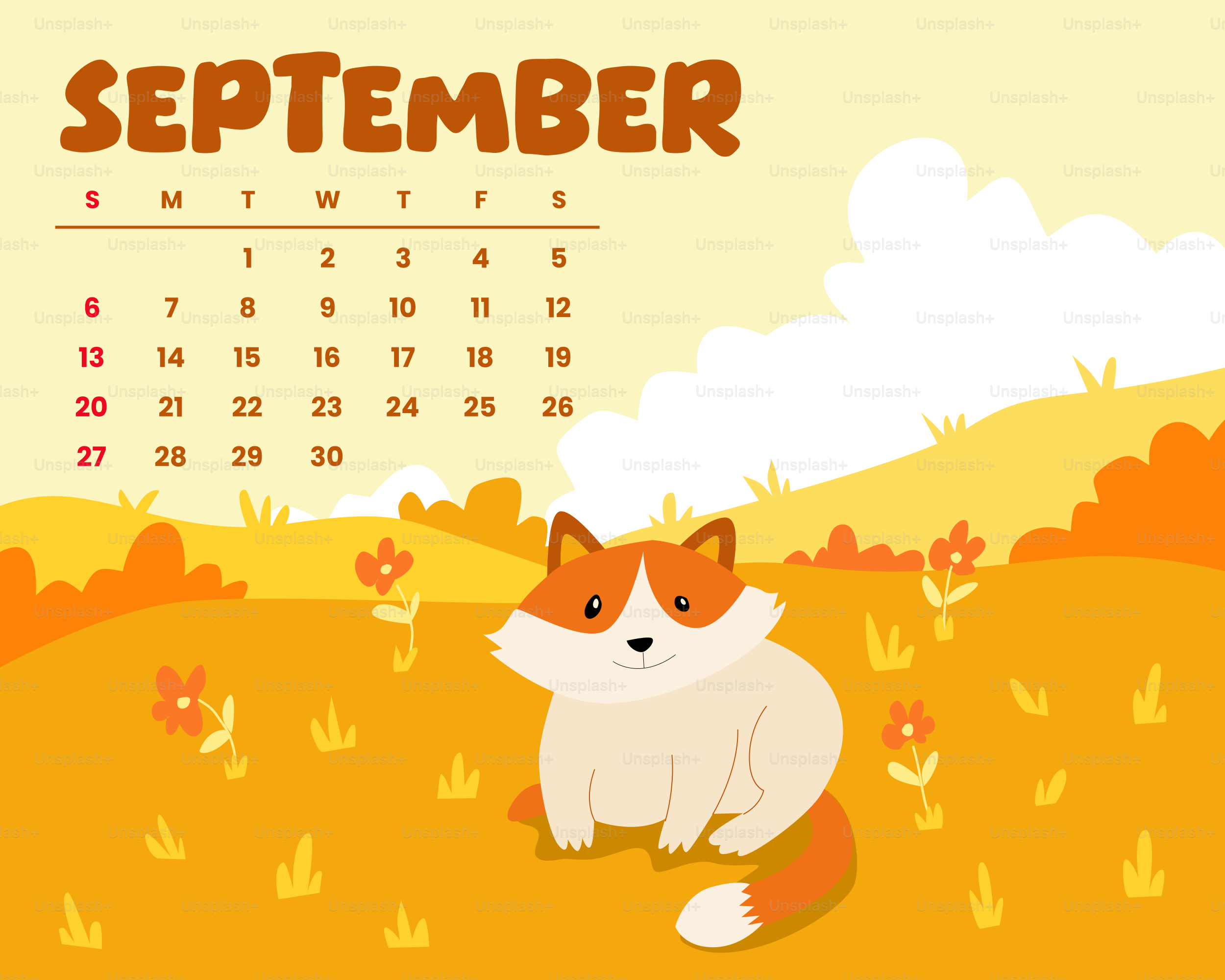 Cute fox sitting in a field with september calendar. vector – Autumn ...