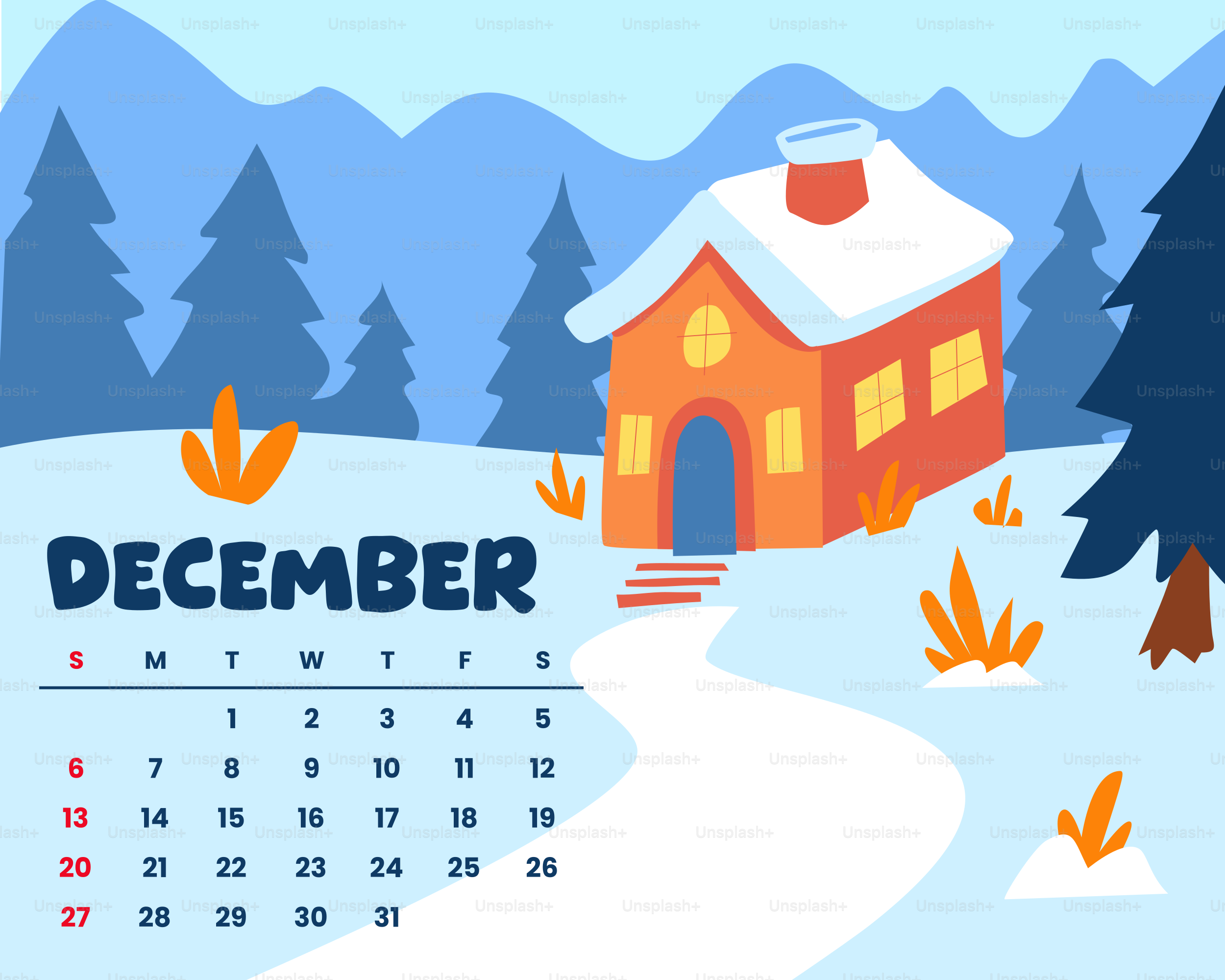 Calendário de dezembro com uma cena aconchegante de casa de inverno.
