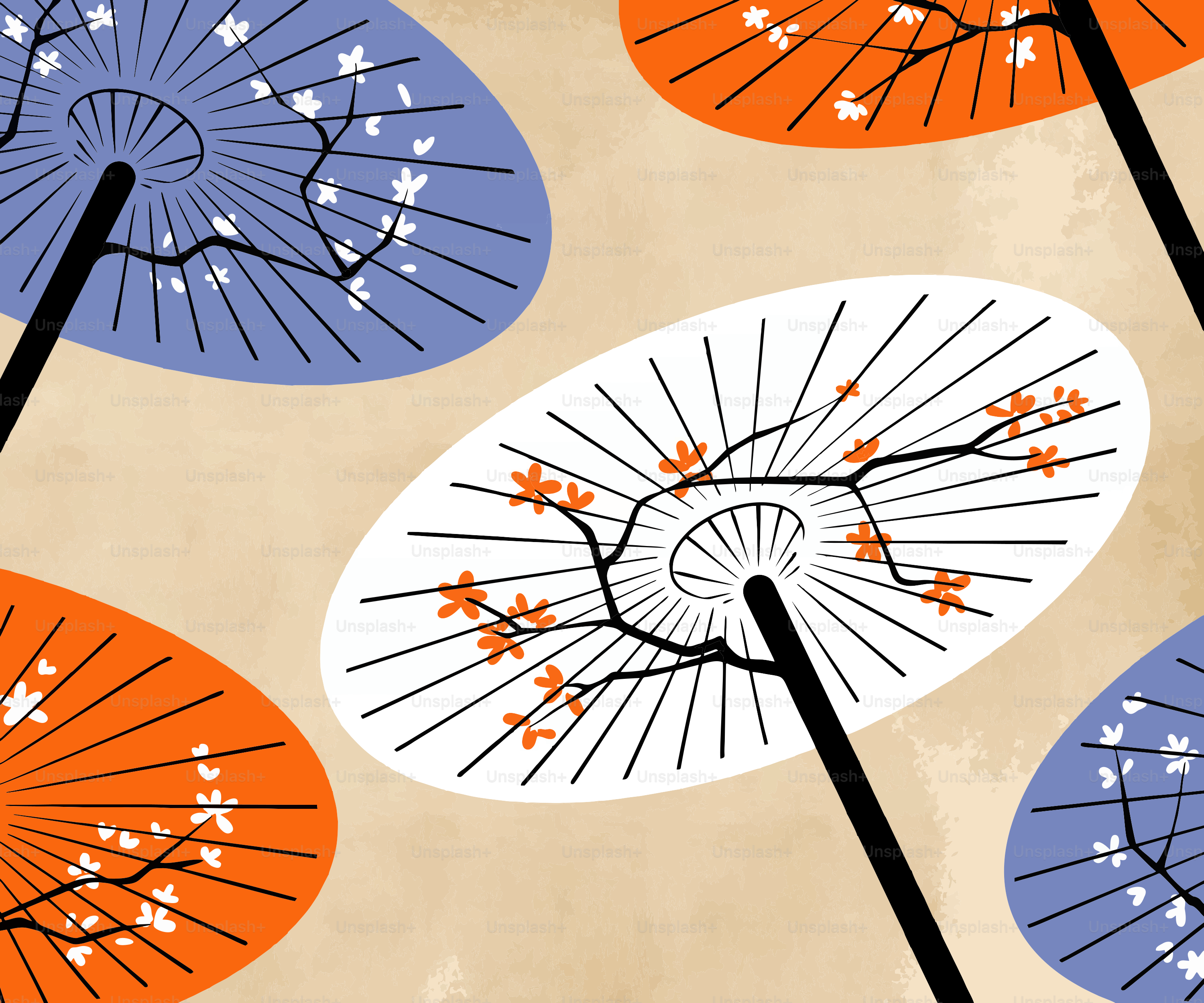 Japanese umbrellas with floral patterns on beige background