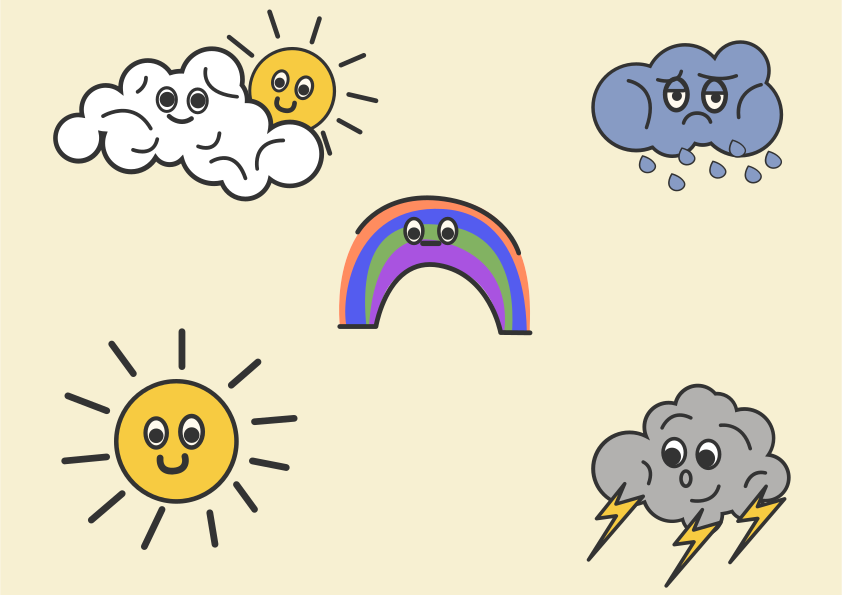 Cartoon sun, clouds, rainbow, and storm elements