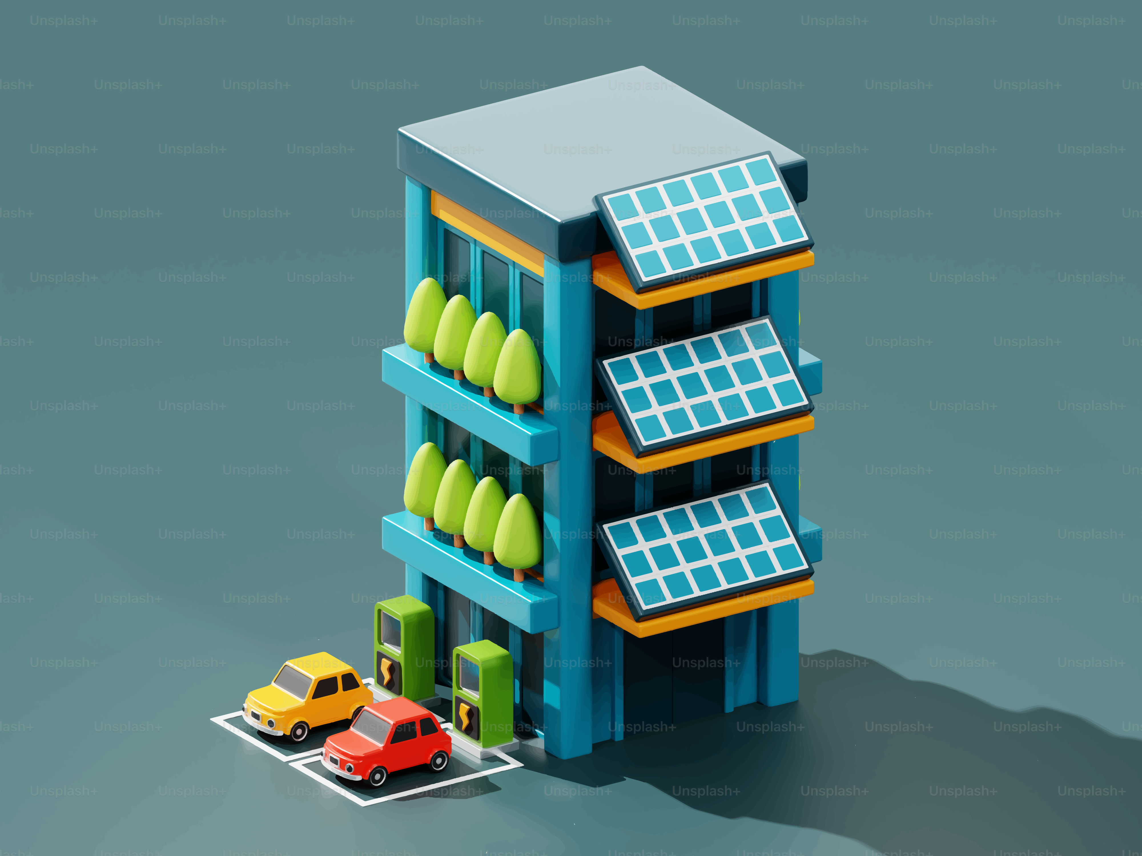 Modern building with solar panels and electric cars