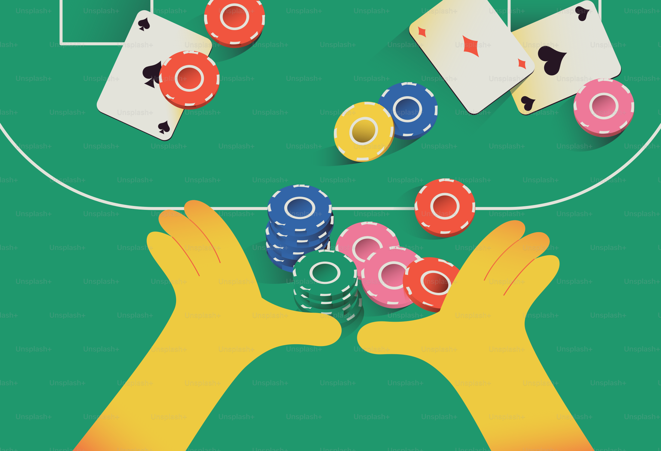 Hands reaching for poker chips and cards on green table