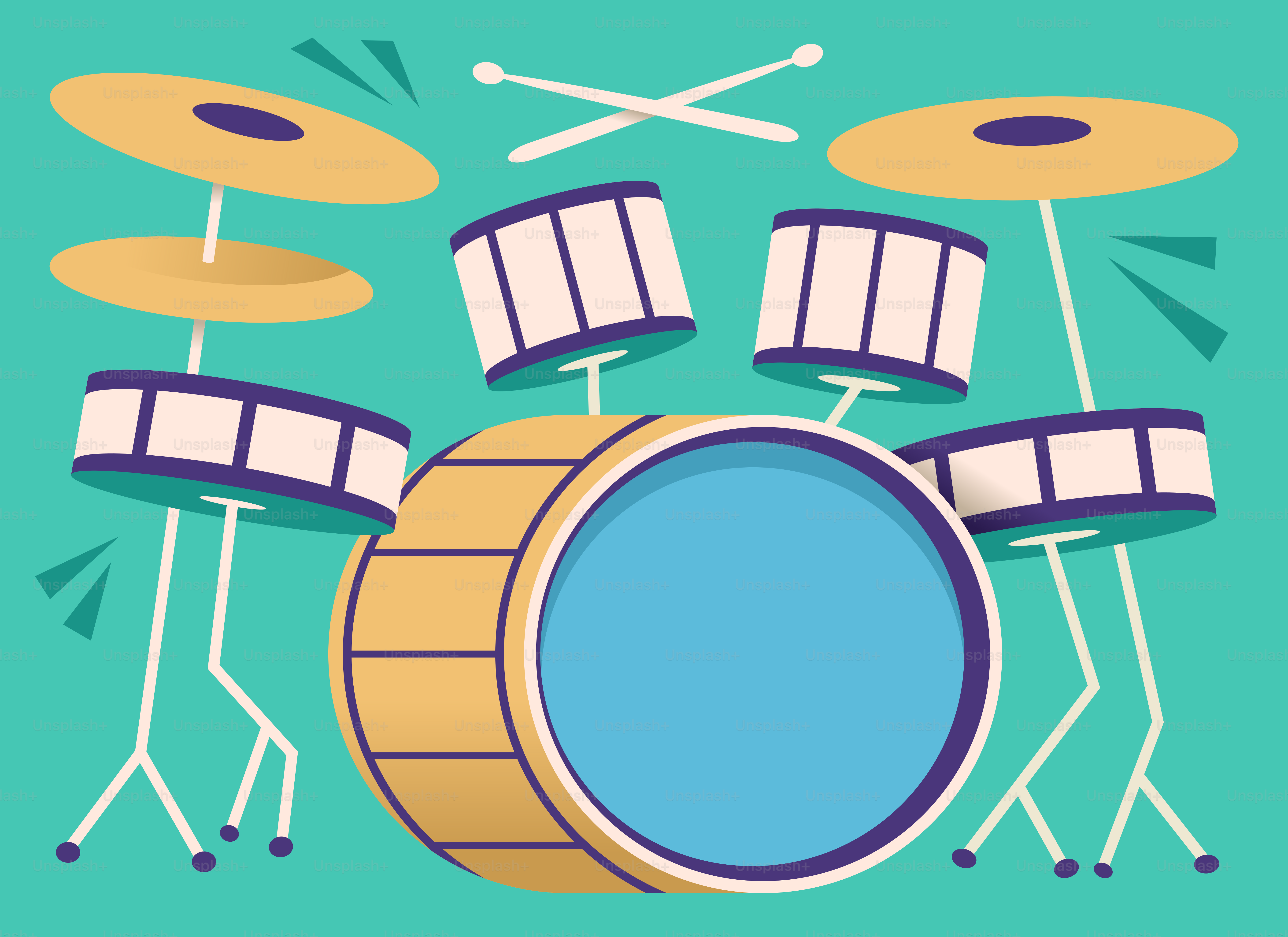 Drum set with cymbals and drumsticks