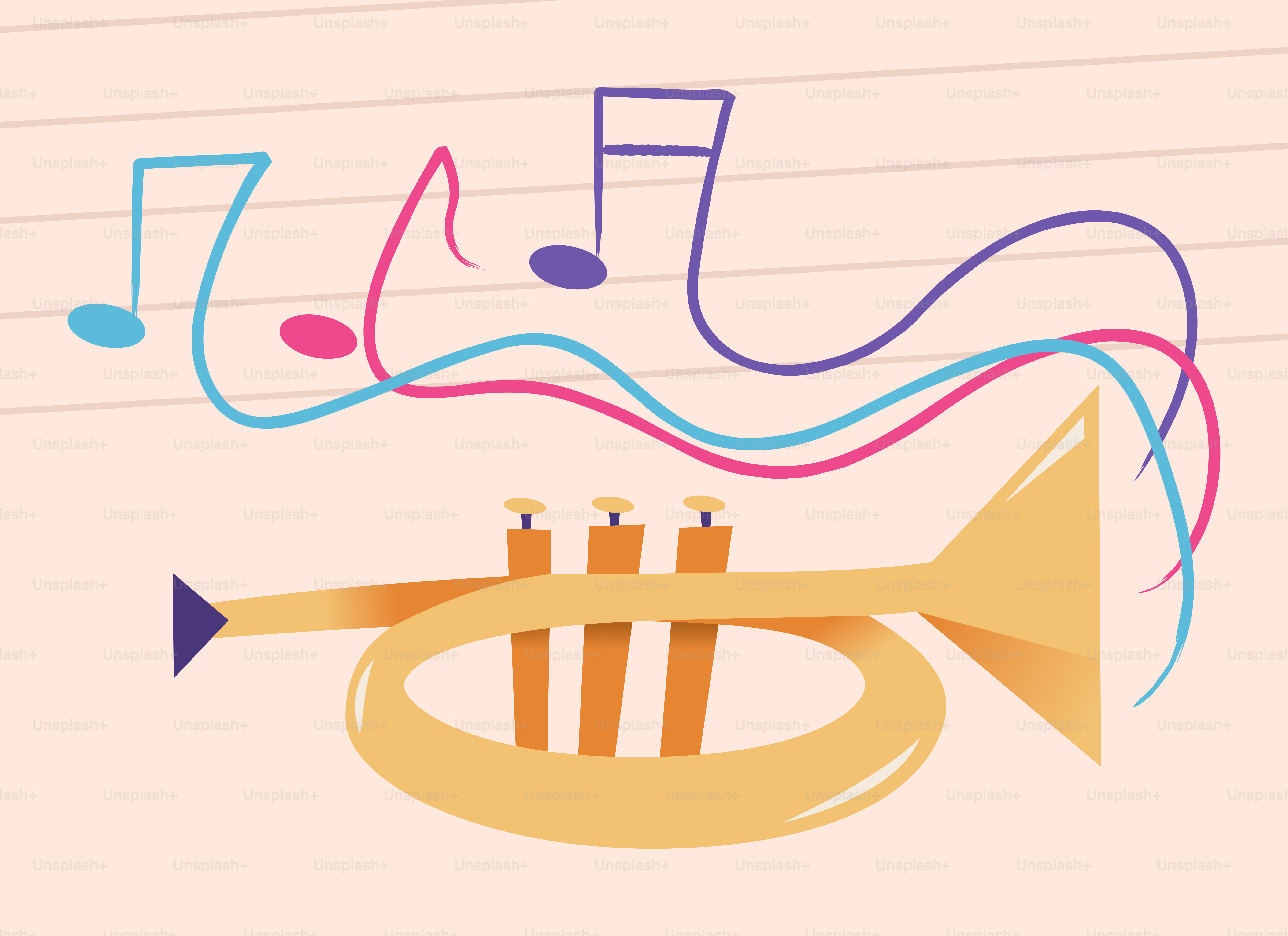 Una trompeta dorada con notas musicales coloridas