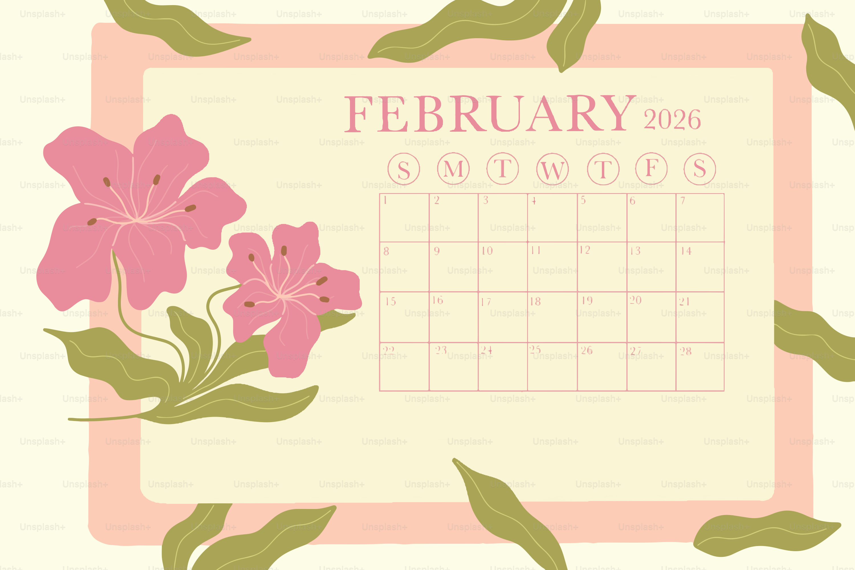 February 2026 calendar with pink flowers and leaves
