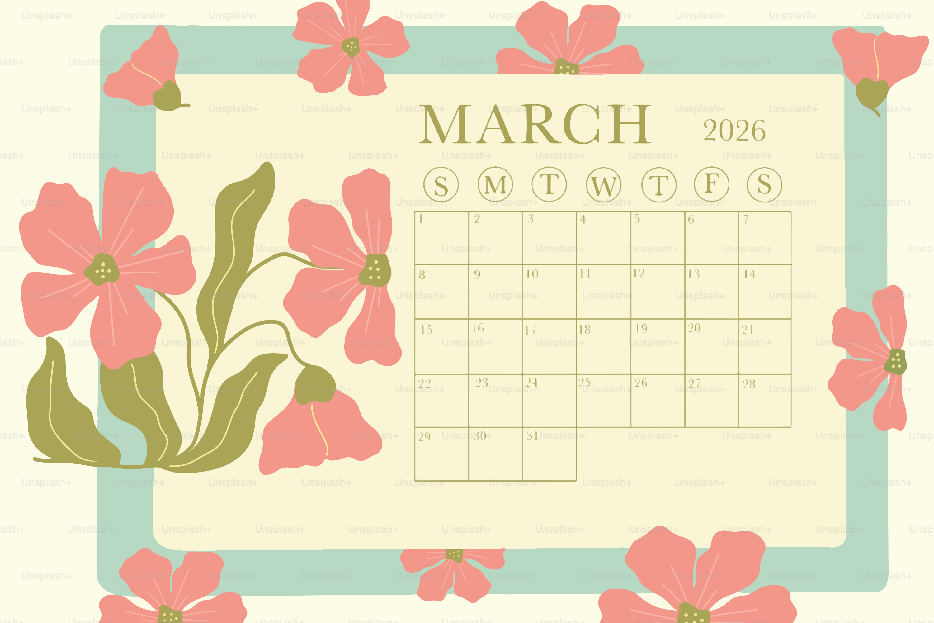 March 2026 calendar with floral decorations