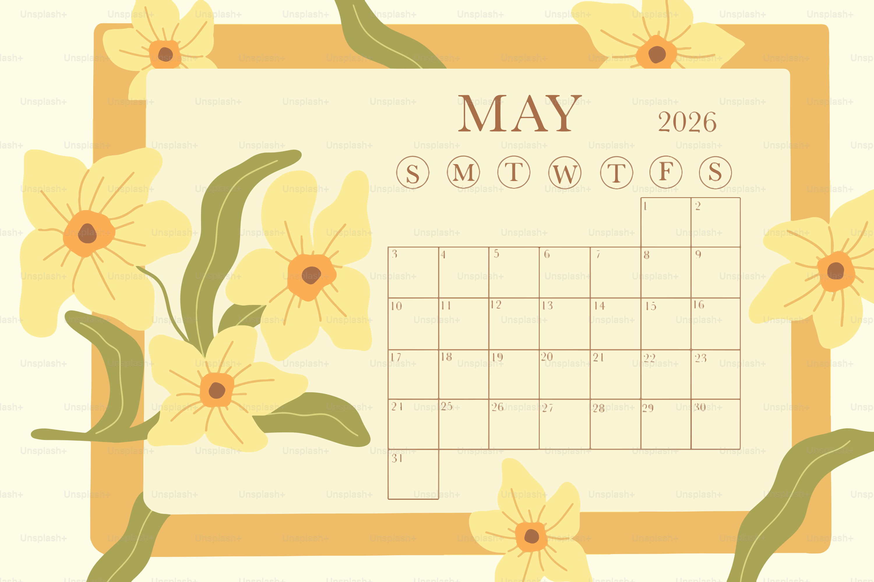 May 2026 calendar with yellow flowers