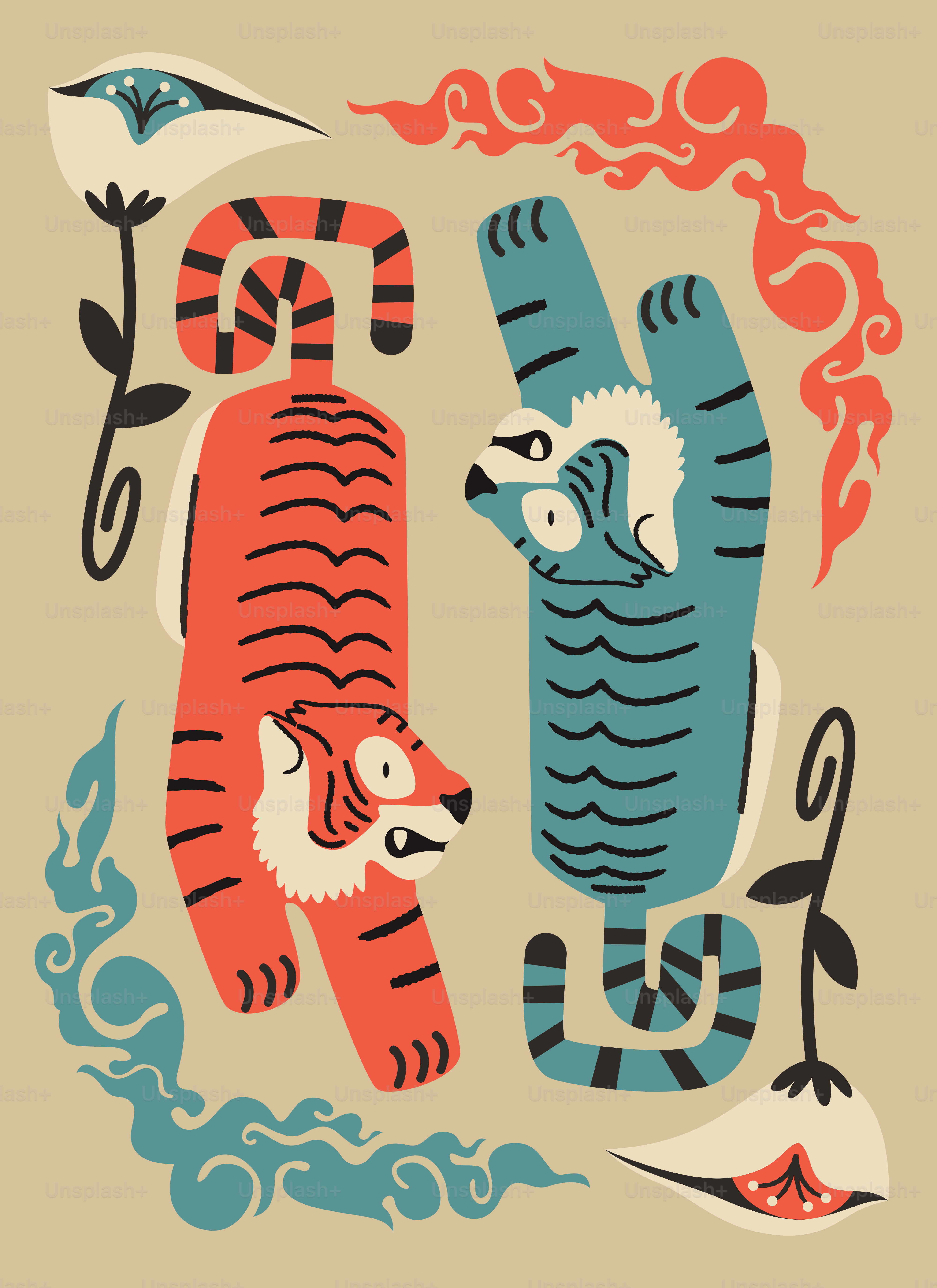 Two stylized tigers with decorative elements