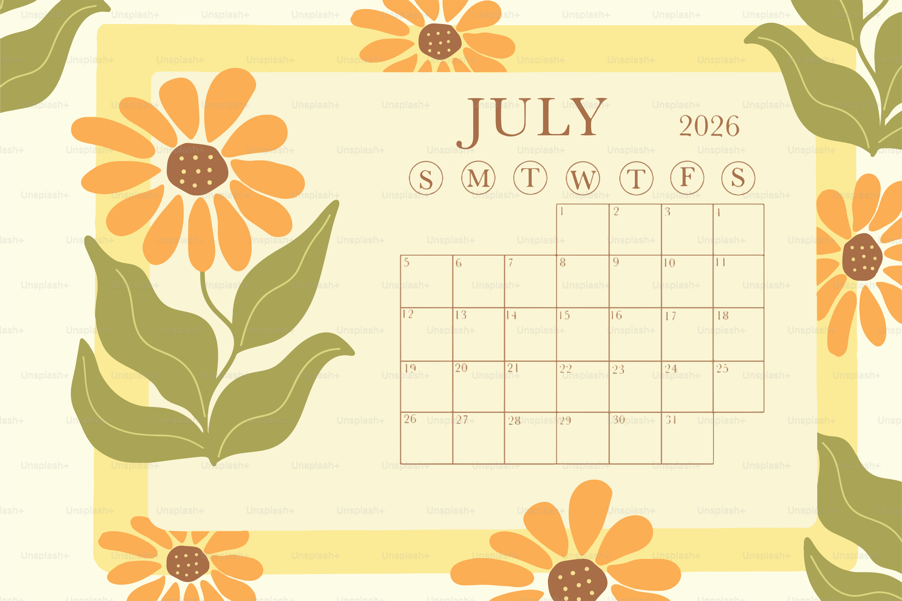 July 2026 calendar with floral accents