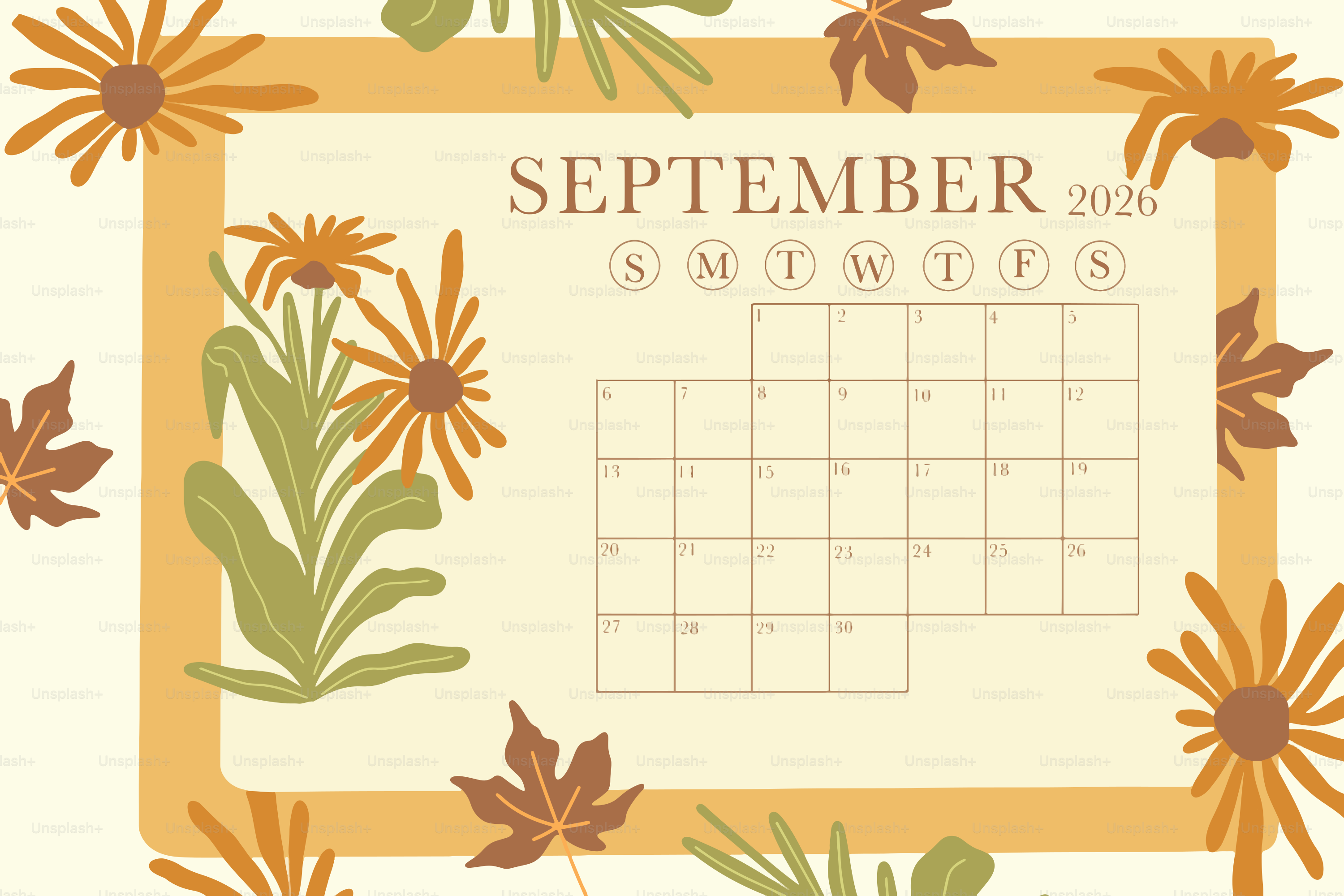 September 2020 calendar with autumn floral border