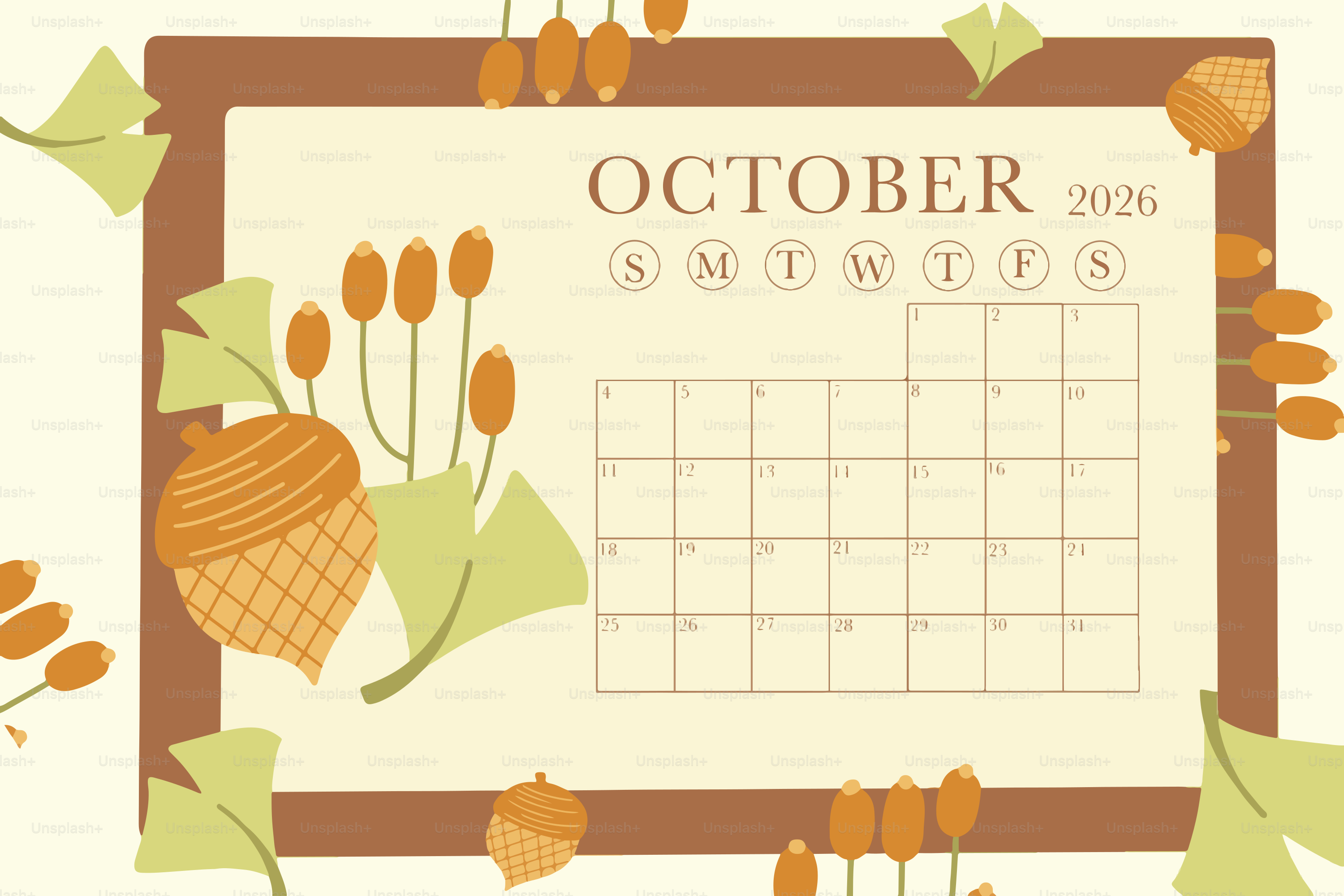 October 2026 calendar with autumn leaves and acorn decorations