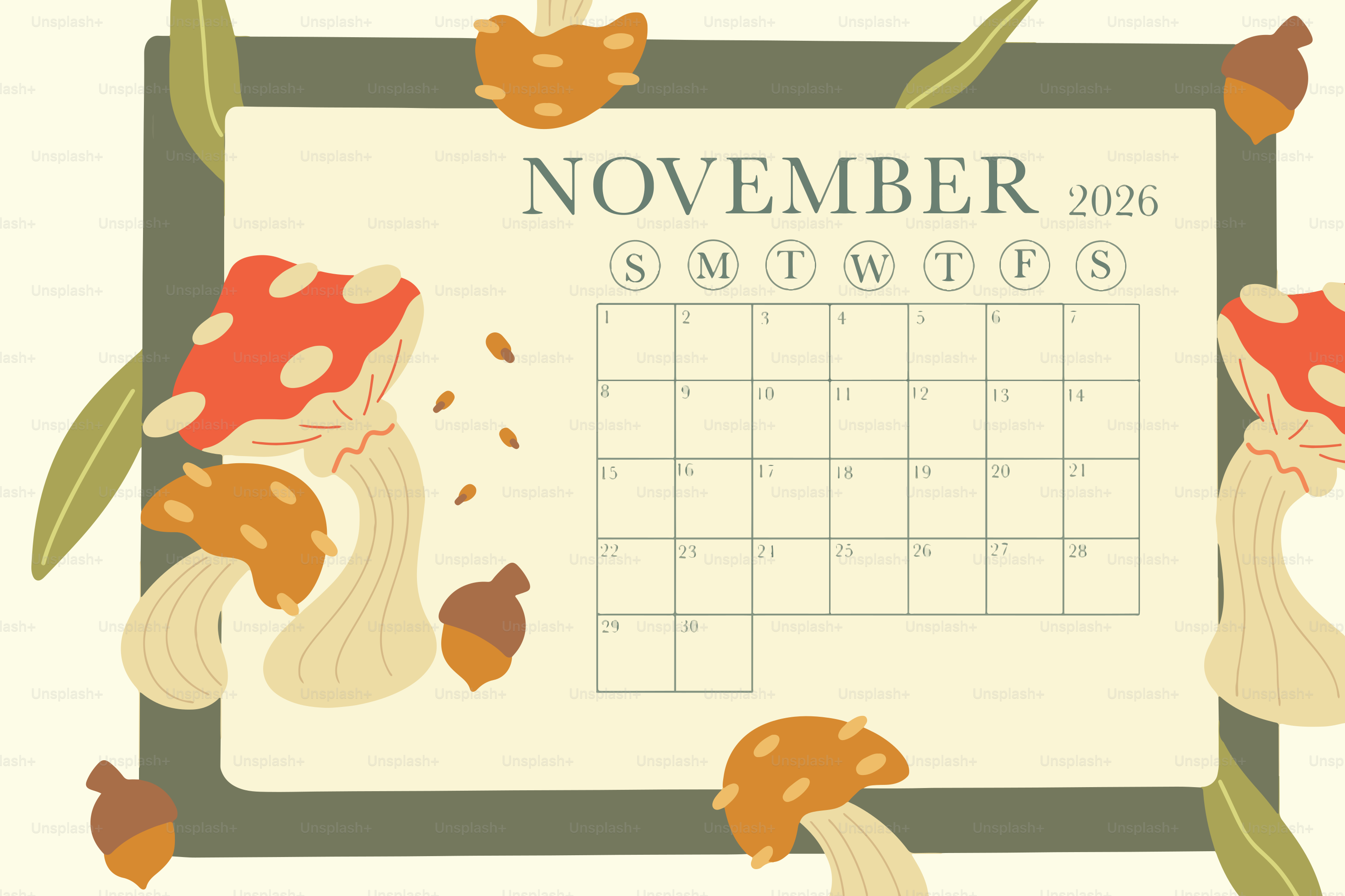 November 2026 calendar with mushrooms and leaves