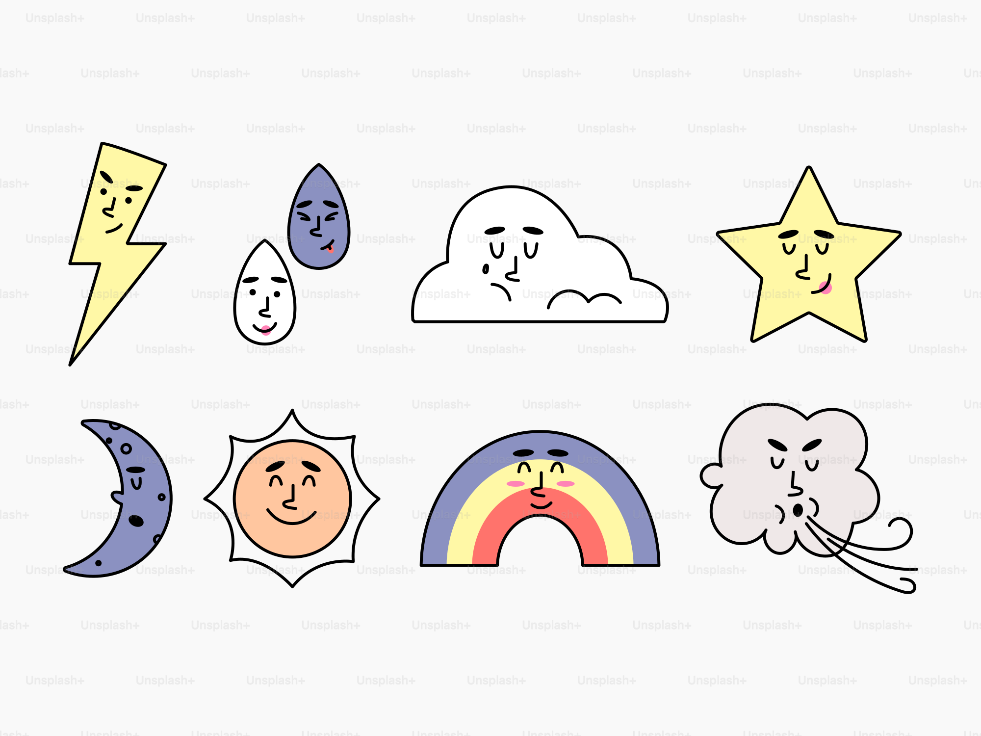 Cartoon weather icons with faces