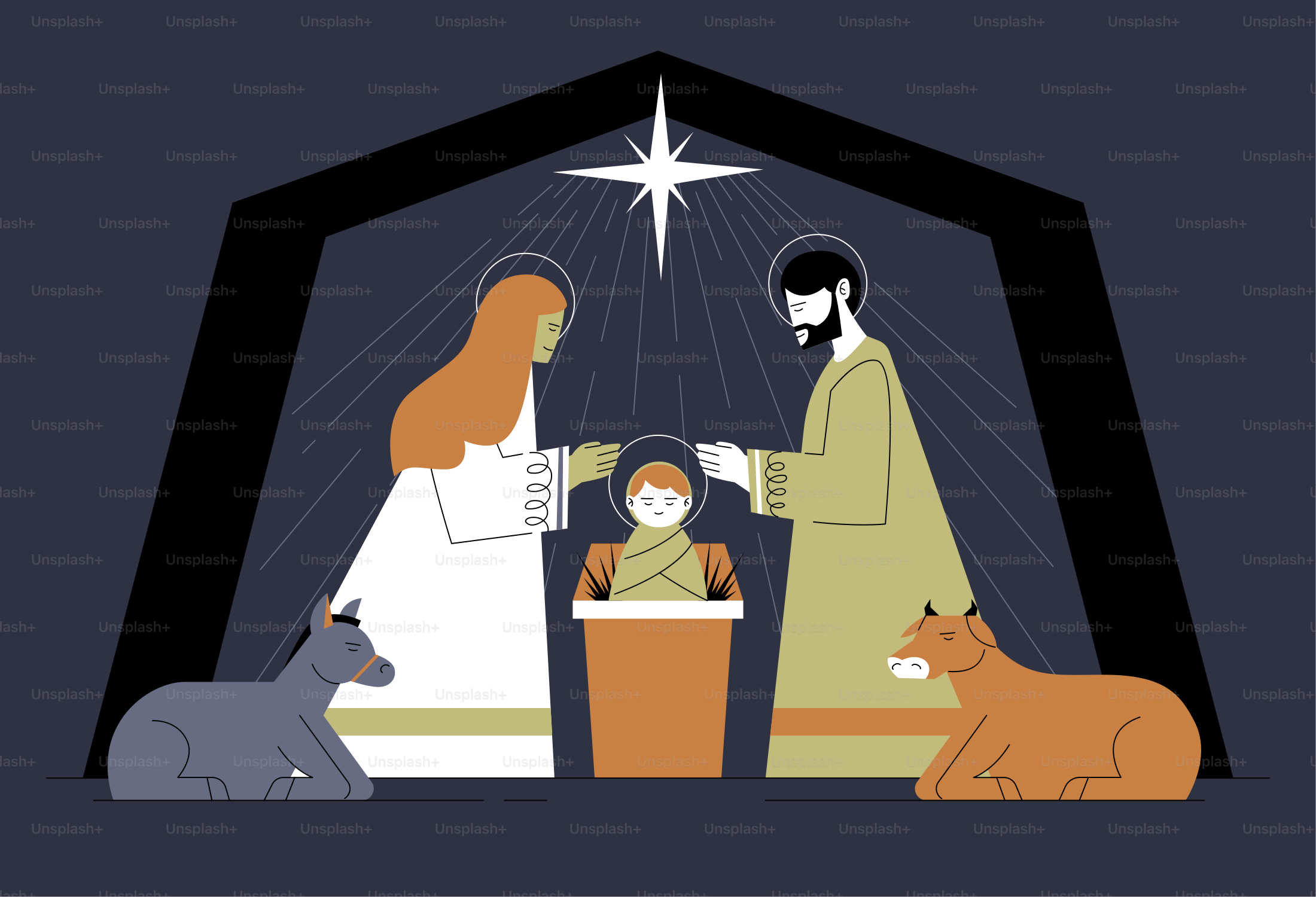 Nativity scene with mary, joseph, and baby jesus.