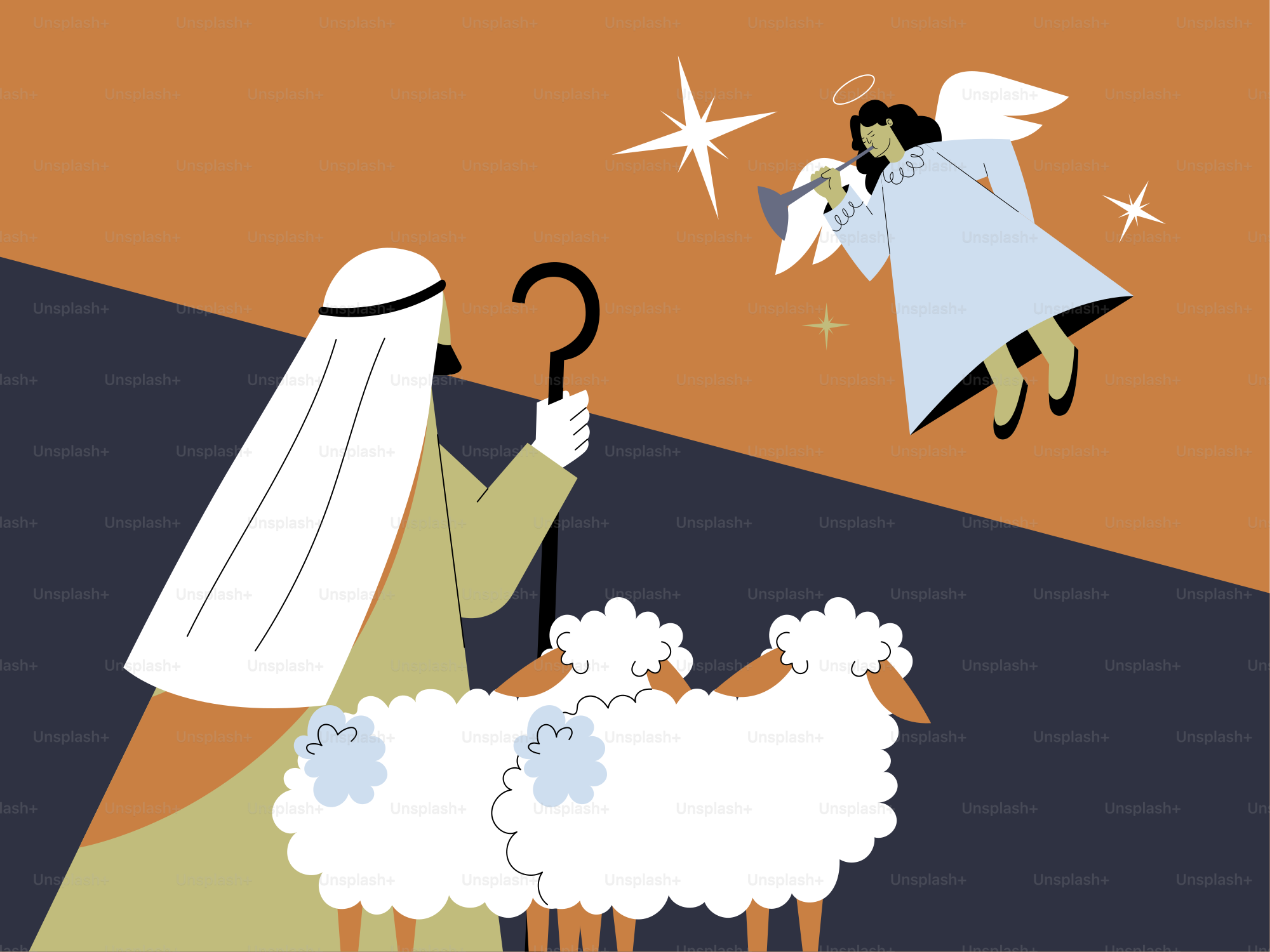 Angel appears to shepherds with sheep under star