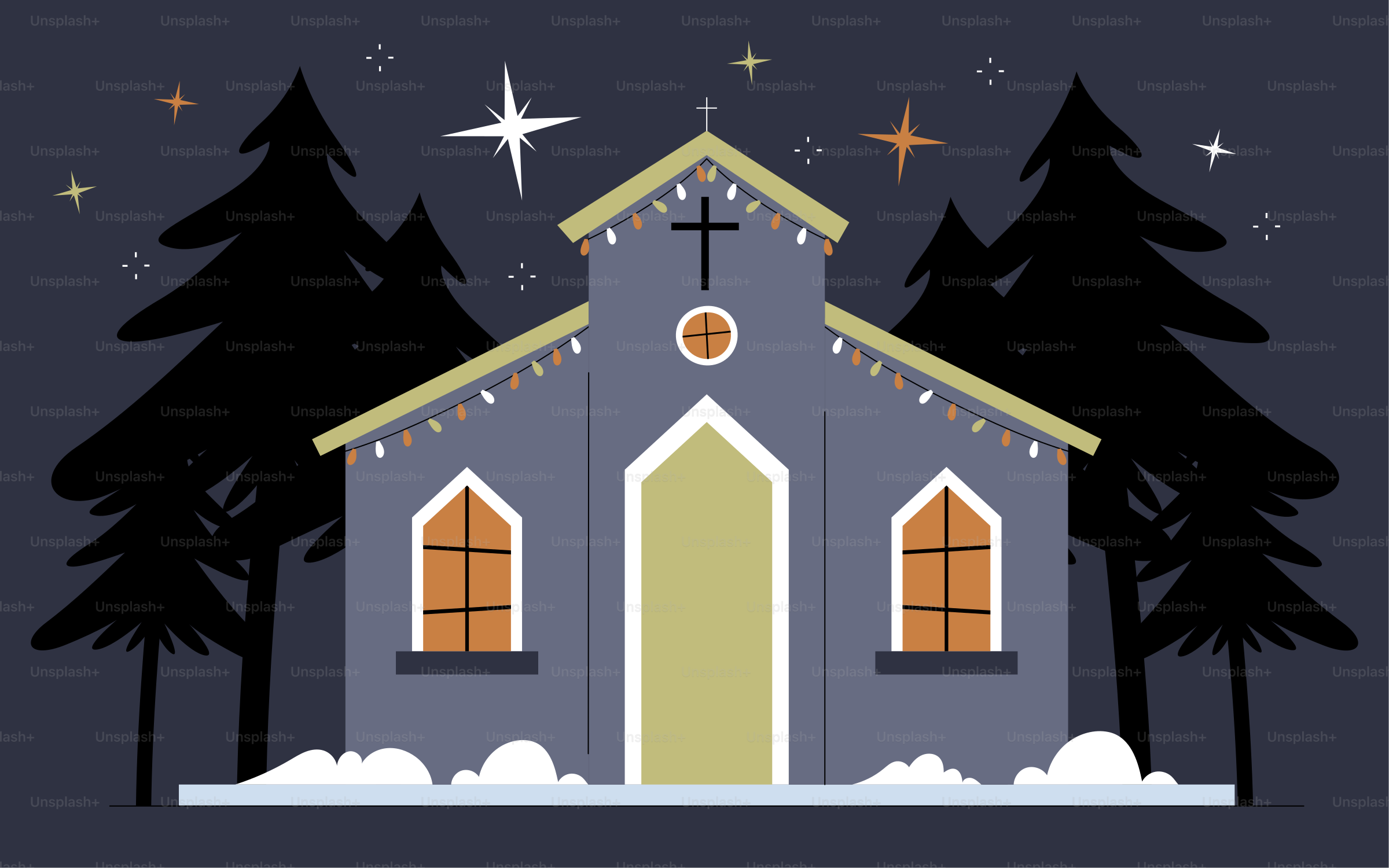 A church decorated for christmas at night