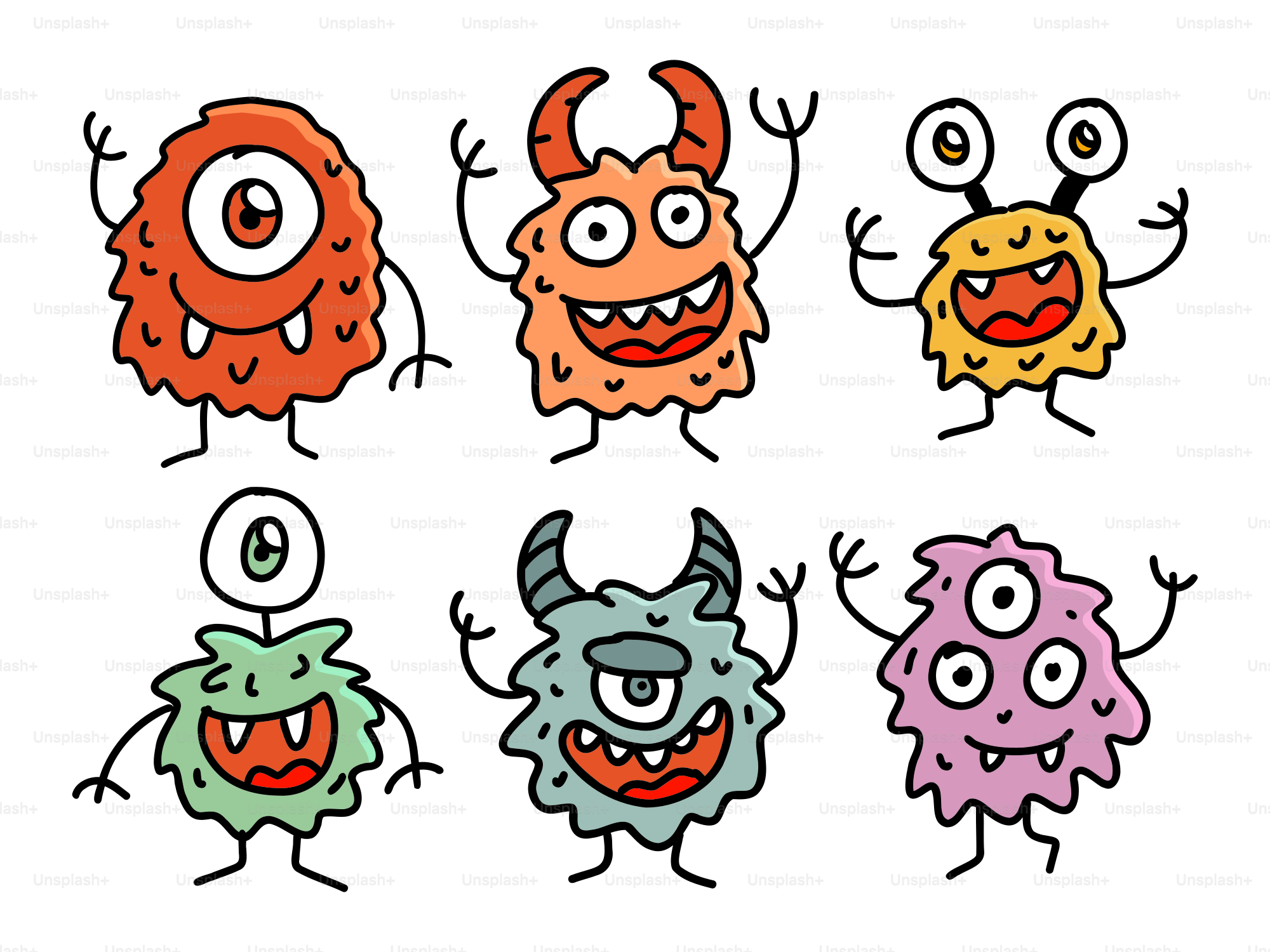 Seis monstros de desenho animado coloridos com grandes sorrisos
