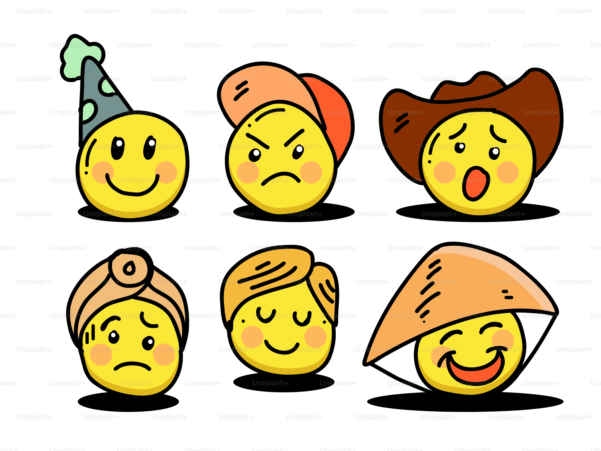 Six cartoon smiley faces with different expressions and hats.