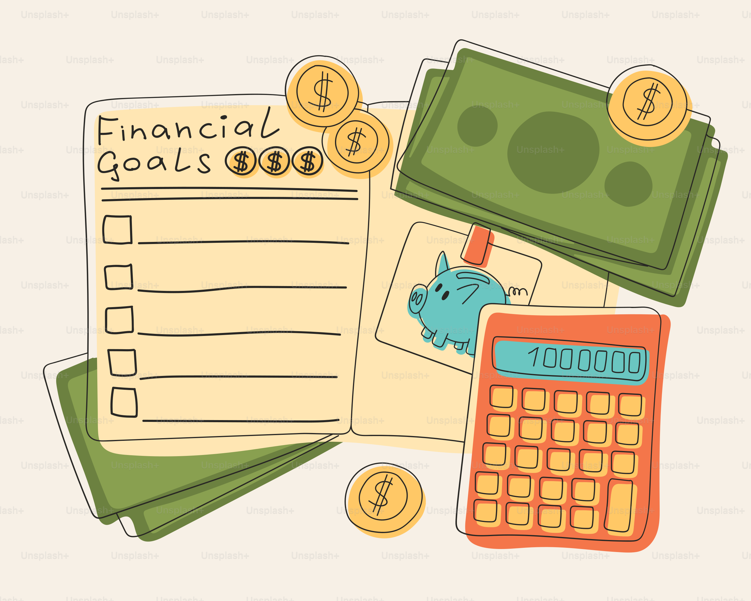 お金、貯金箱、電卓を含む財務目標リスト
