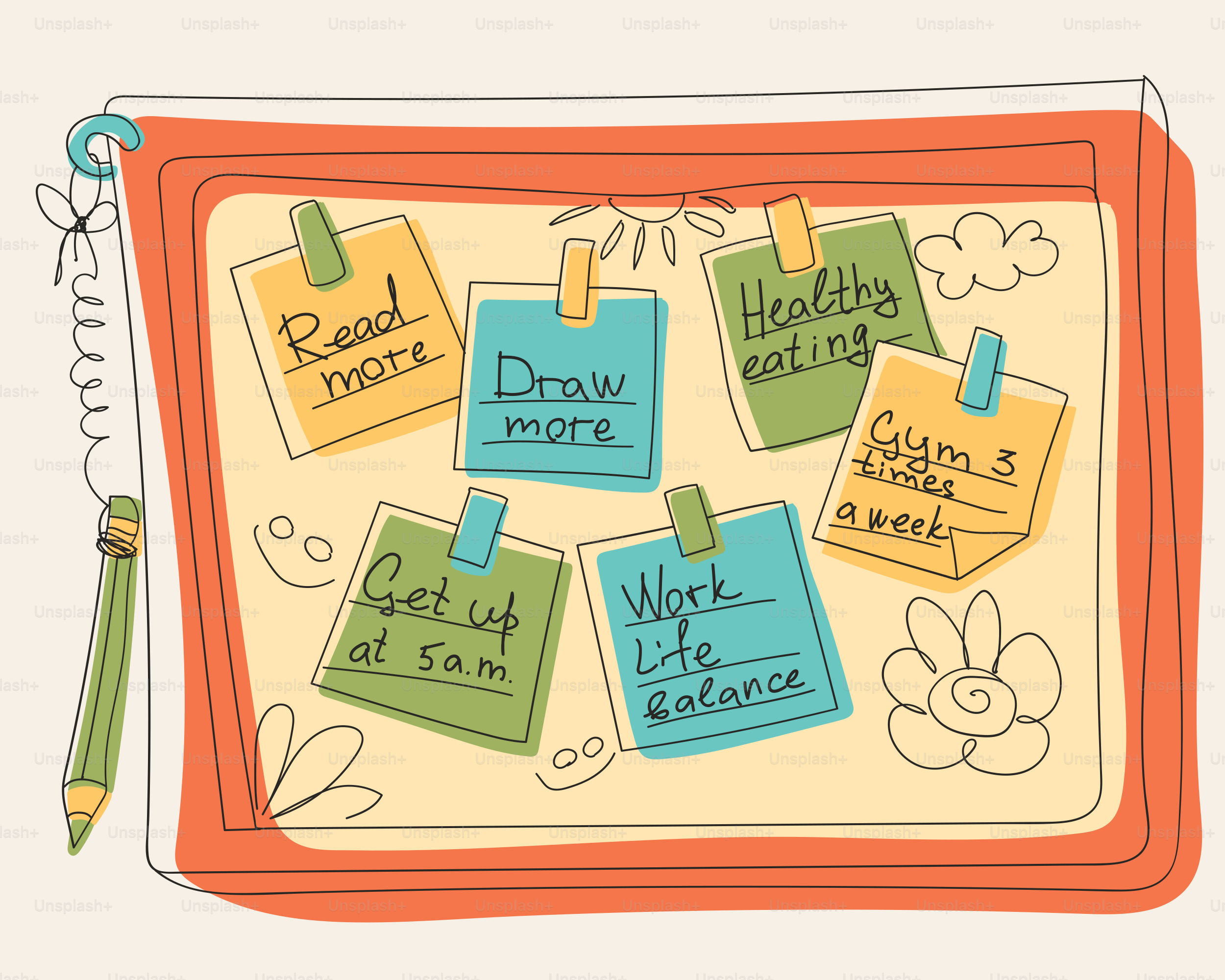 目標を記載した付箋が貼られたコルクボード