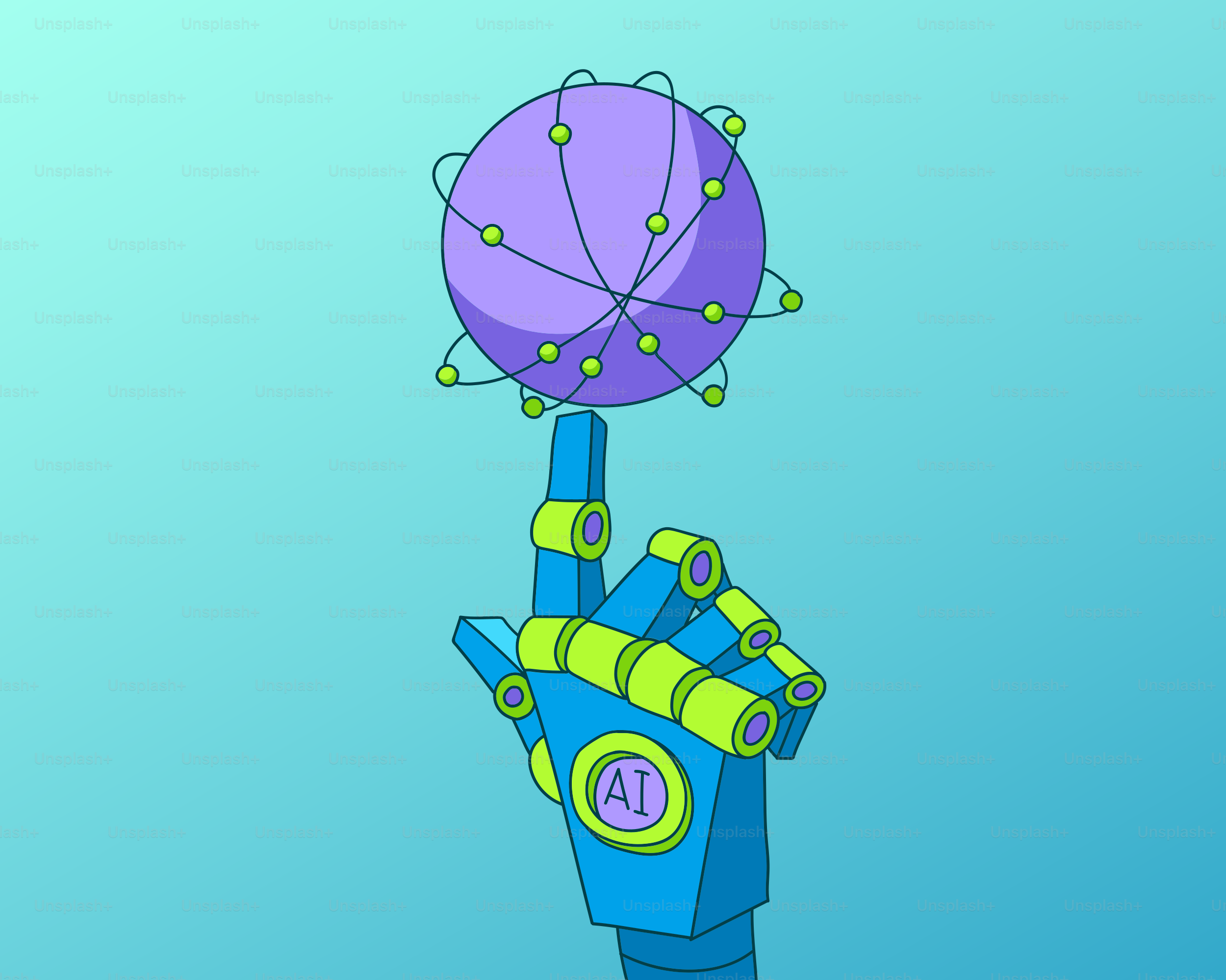 Roboterhand, die eine violette Kugel mit Verbindungen balanciert.