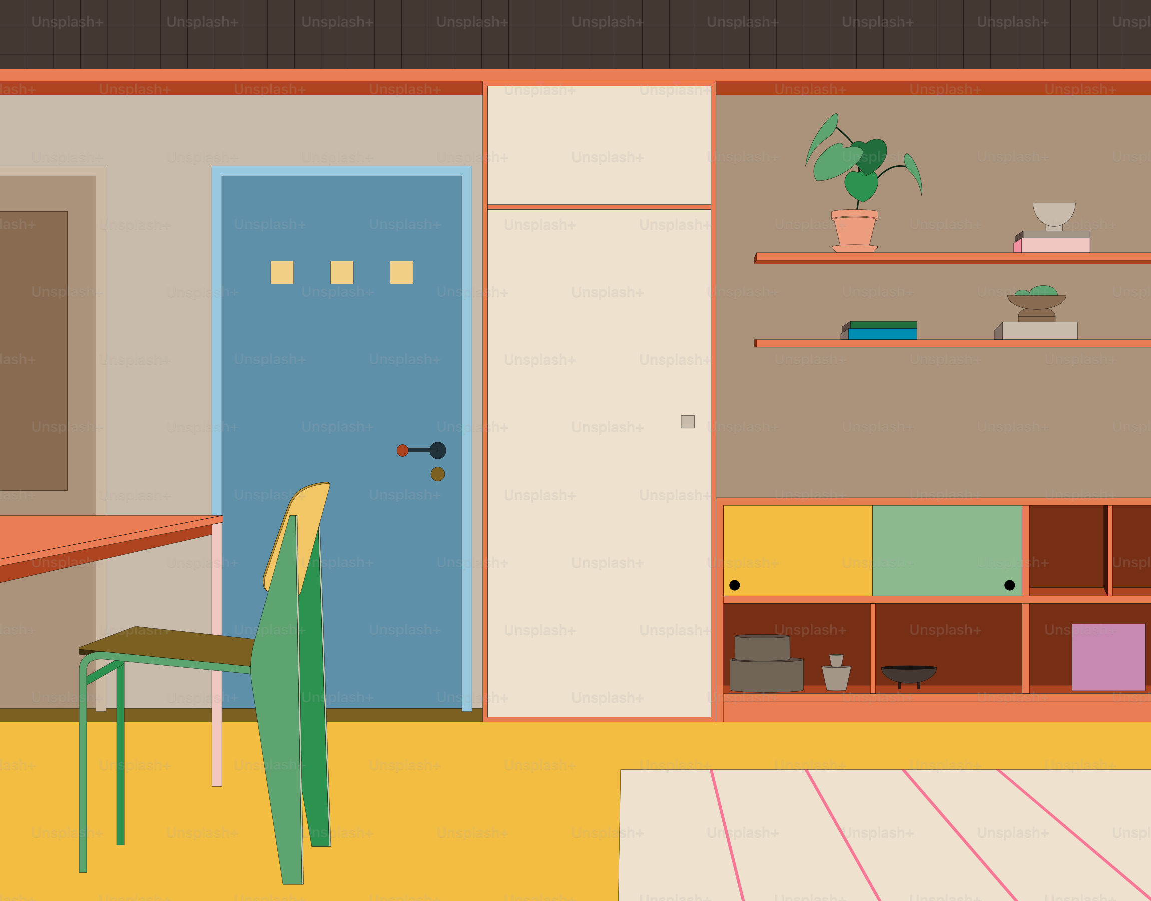 파란 문과 선반이 있는 미니멀리스트 인테리어