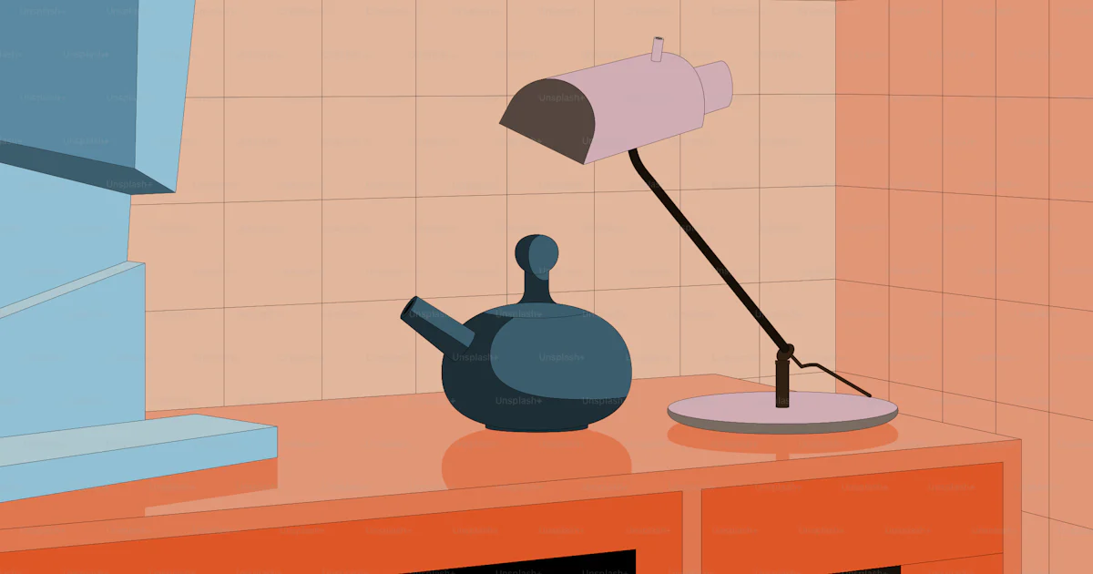 Desk with computer, lamp, and teapot vector – Illustration Image on ...