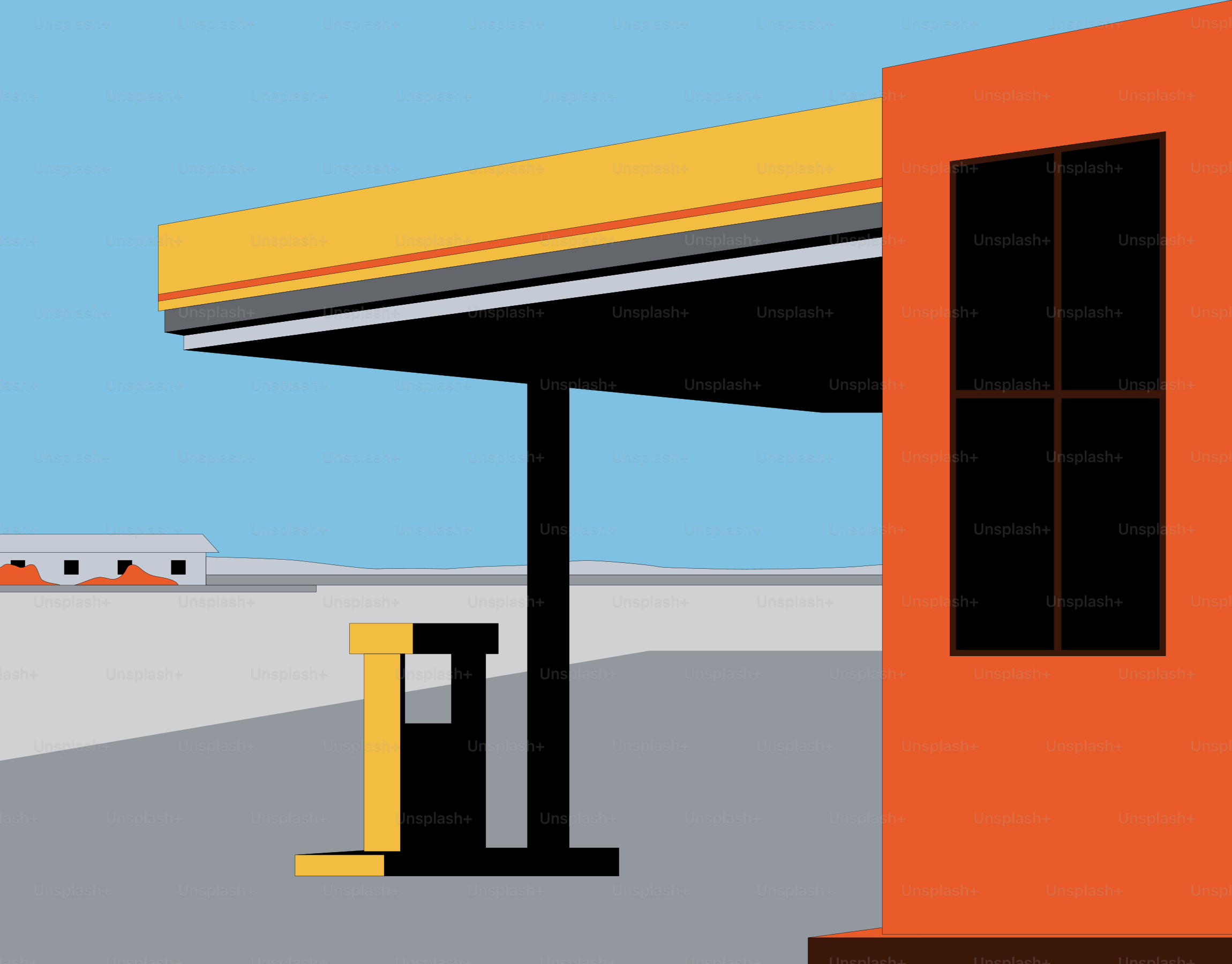 주황색 건물과 맑은 하늘이 있는 주유소 캐노피