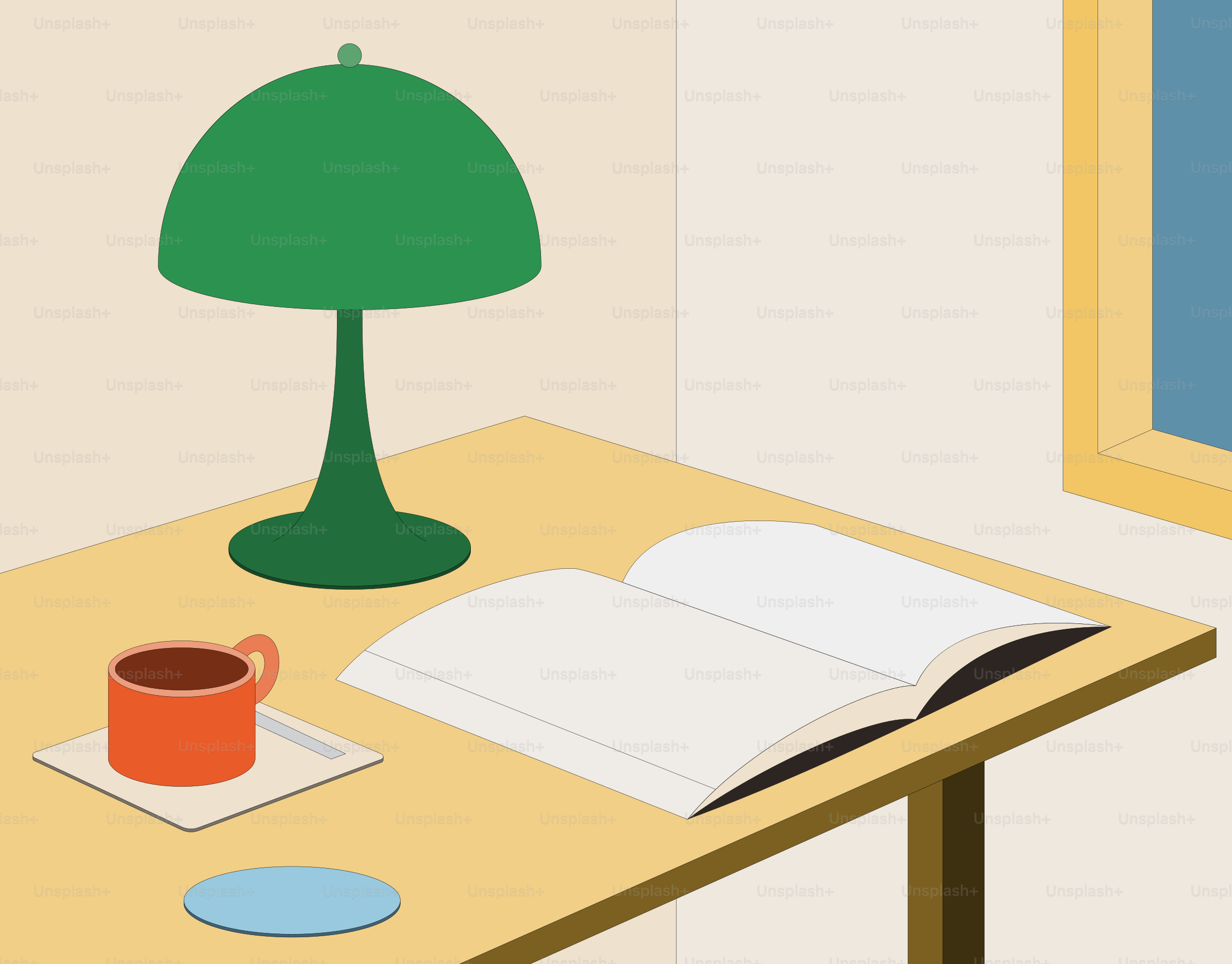 책상에는 램프, 책, 커피잔이 놓여 있습니다.