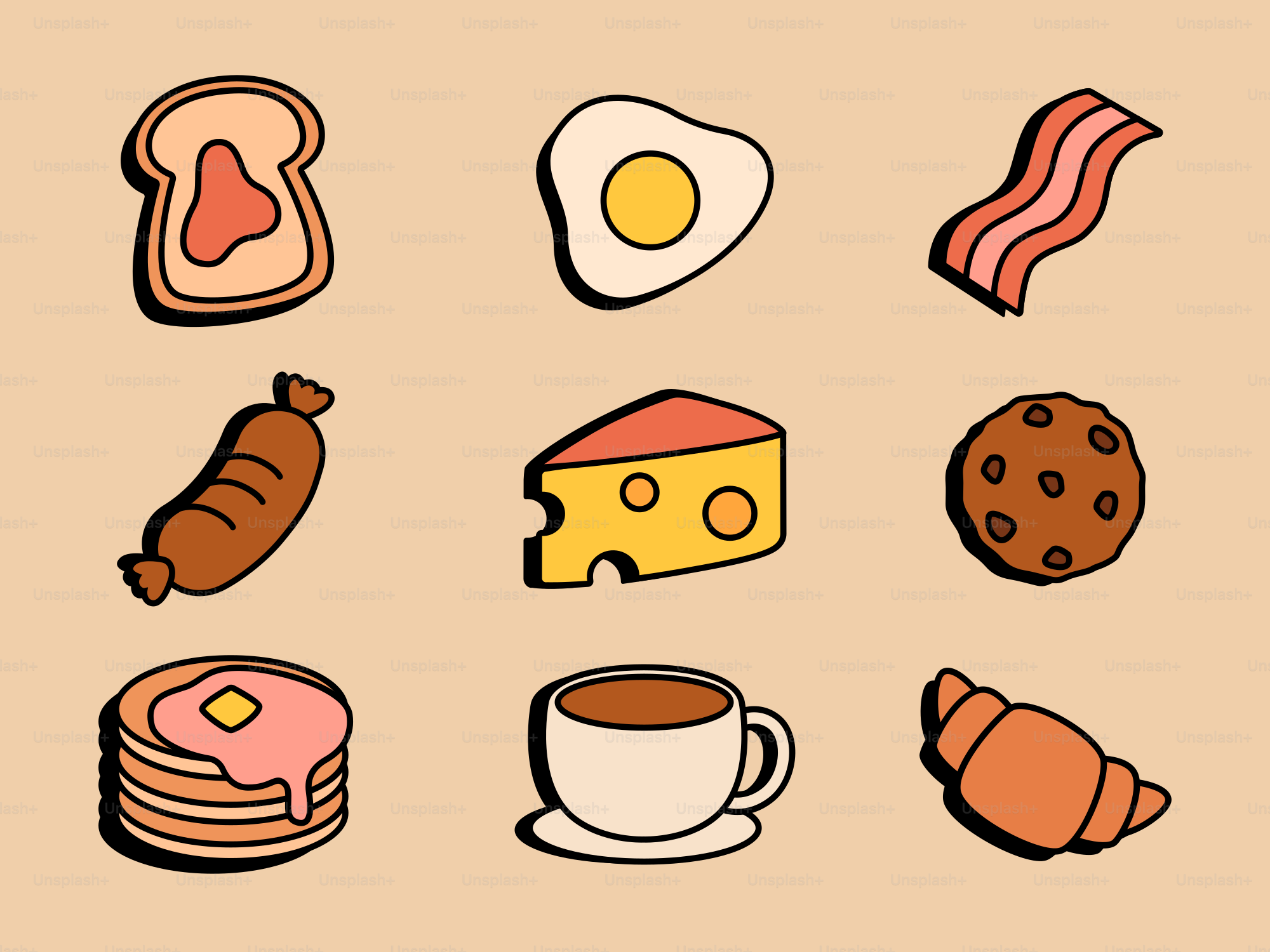 Various breakfast foods arranged in a grid.