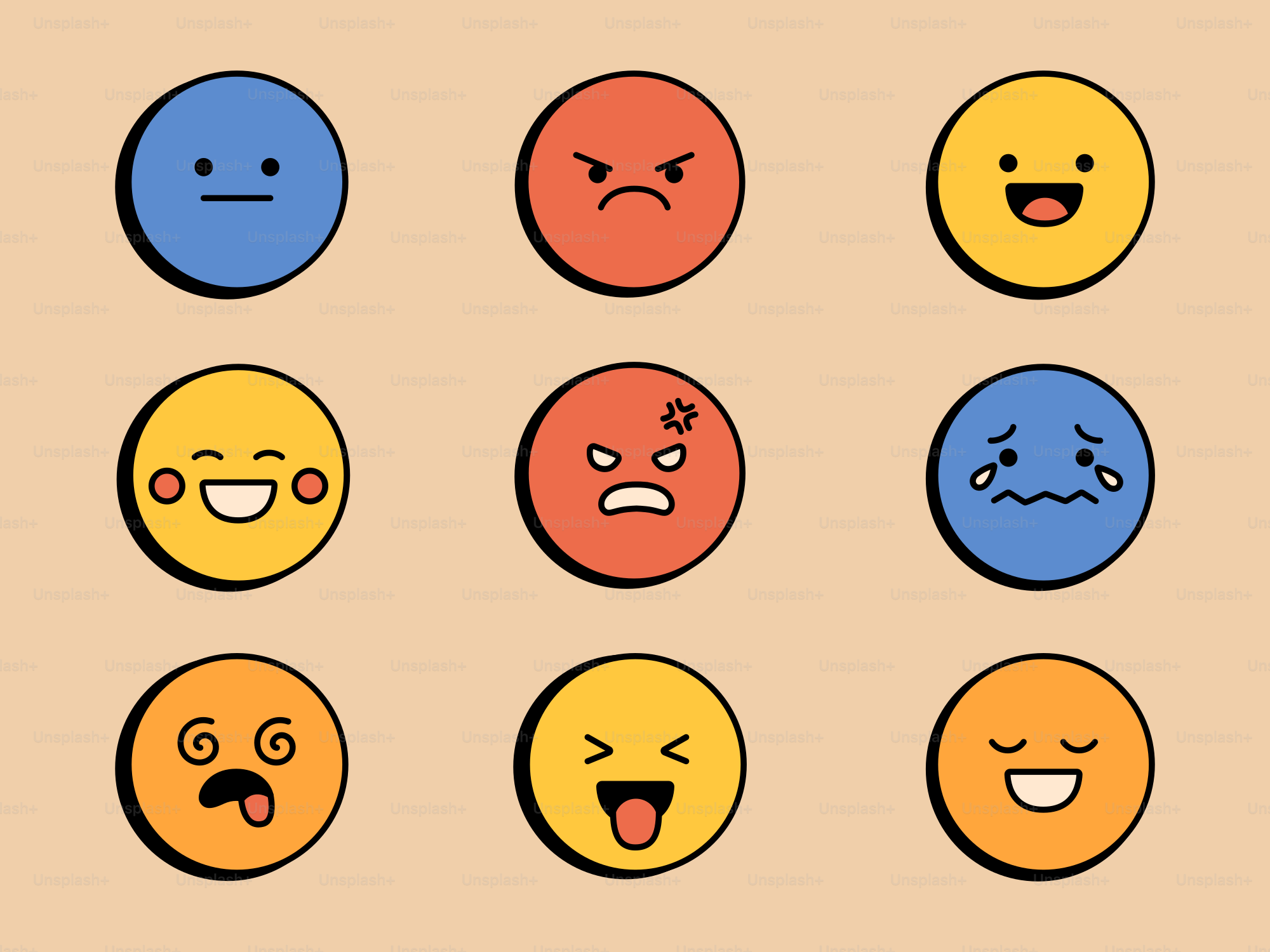 Collection of nine colorful emotion-themed circles.