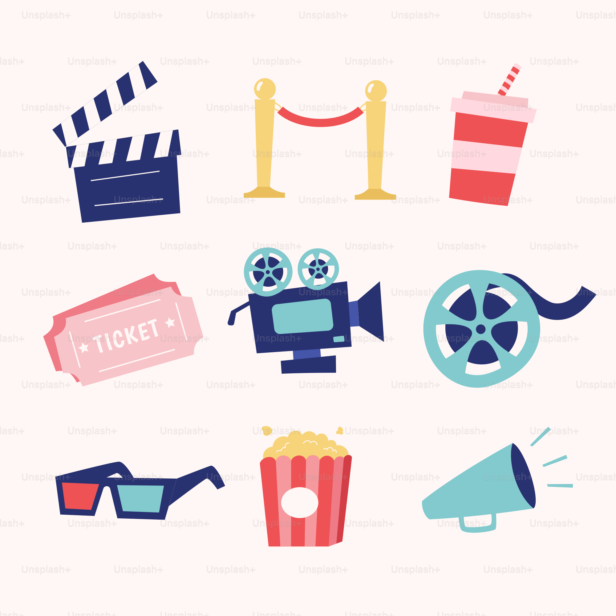 Filmikonen wie Klatschenbrett, Ticket, Kamera und Popcorn.