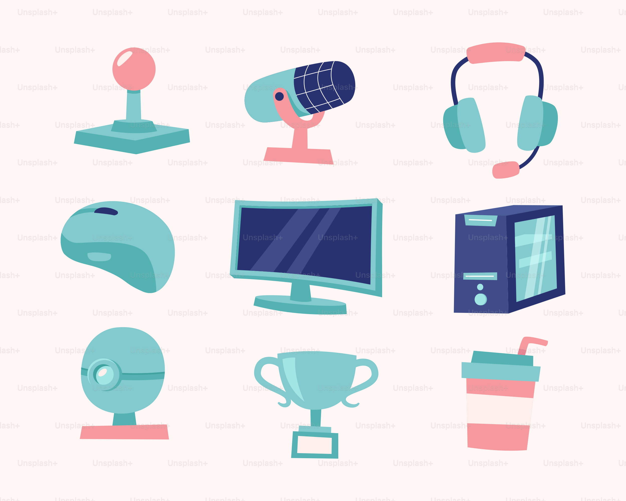 Gaming equipment including joystick, microphone, headphones, and computer.