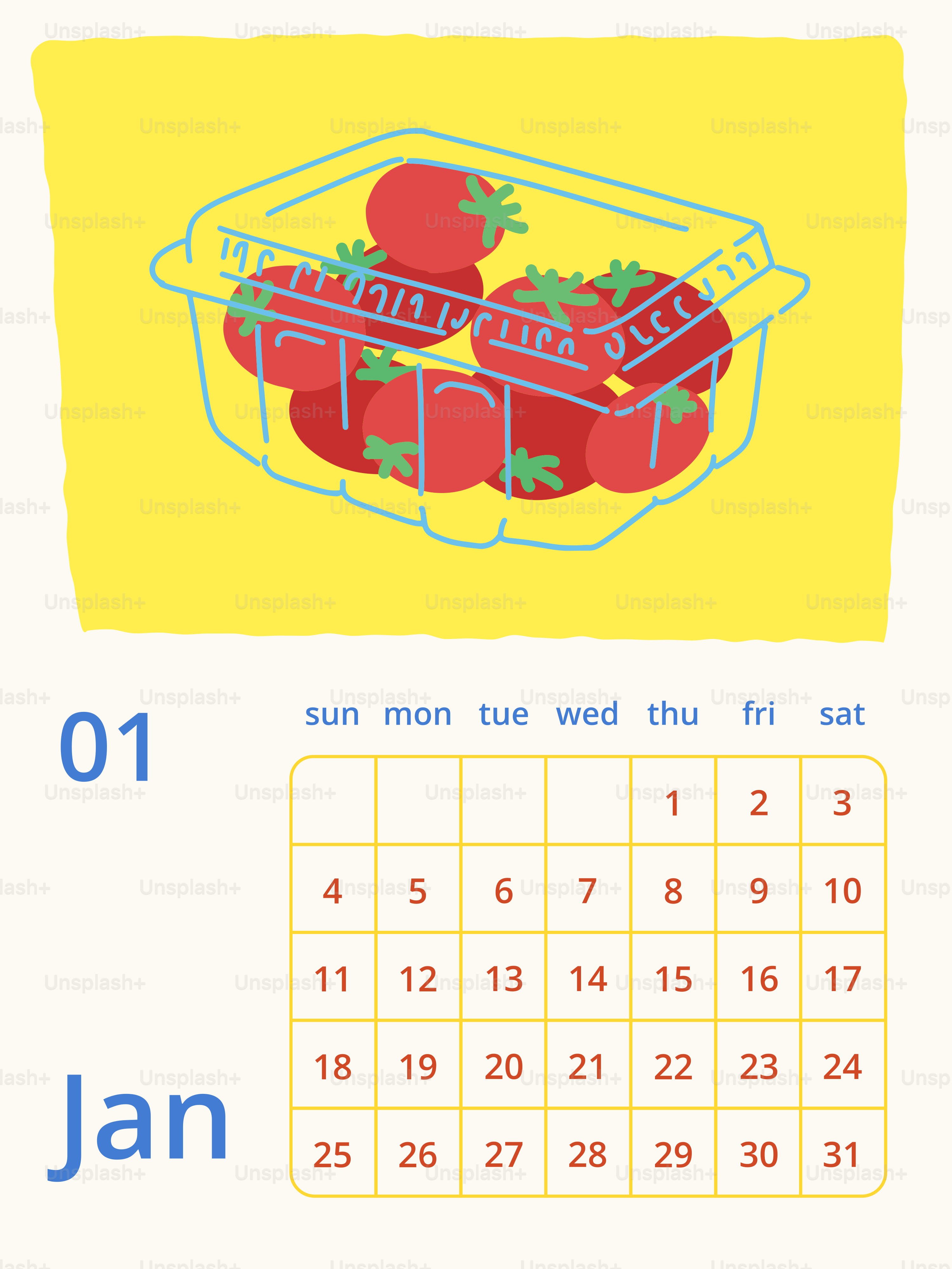 Tomatoes in a clear plastic container with a calendar.